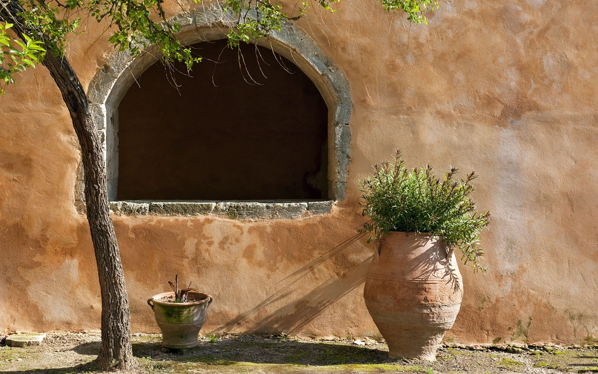 brown, well, summer, mediterranean, day, near, architecture, water, wall - building feature, shadow, entrance, old, crete, pot, potted plant, built structure, HD Wallpaper