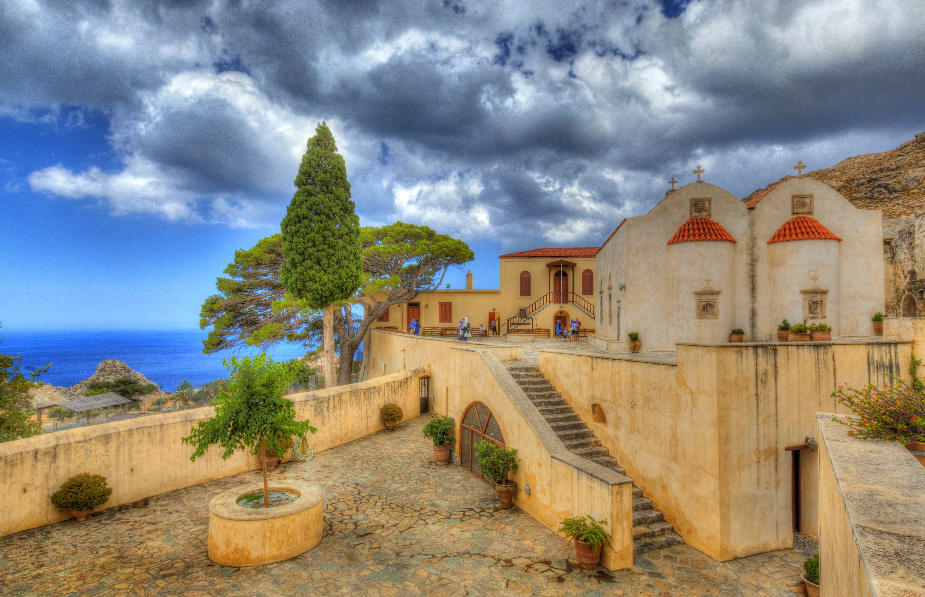 travel, building, travel destinations, residential district, outdoors, 2K, the monastery, Preveli, old, no people, Greece, nature, clouds, sky, the past, HD Wallpaper
