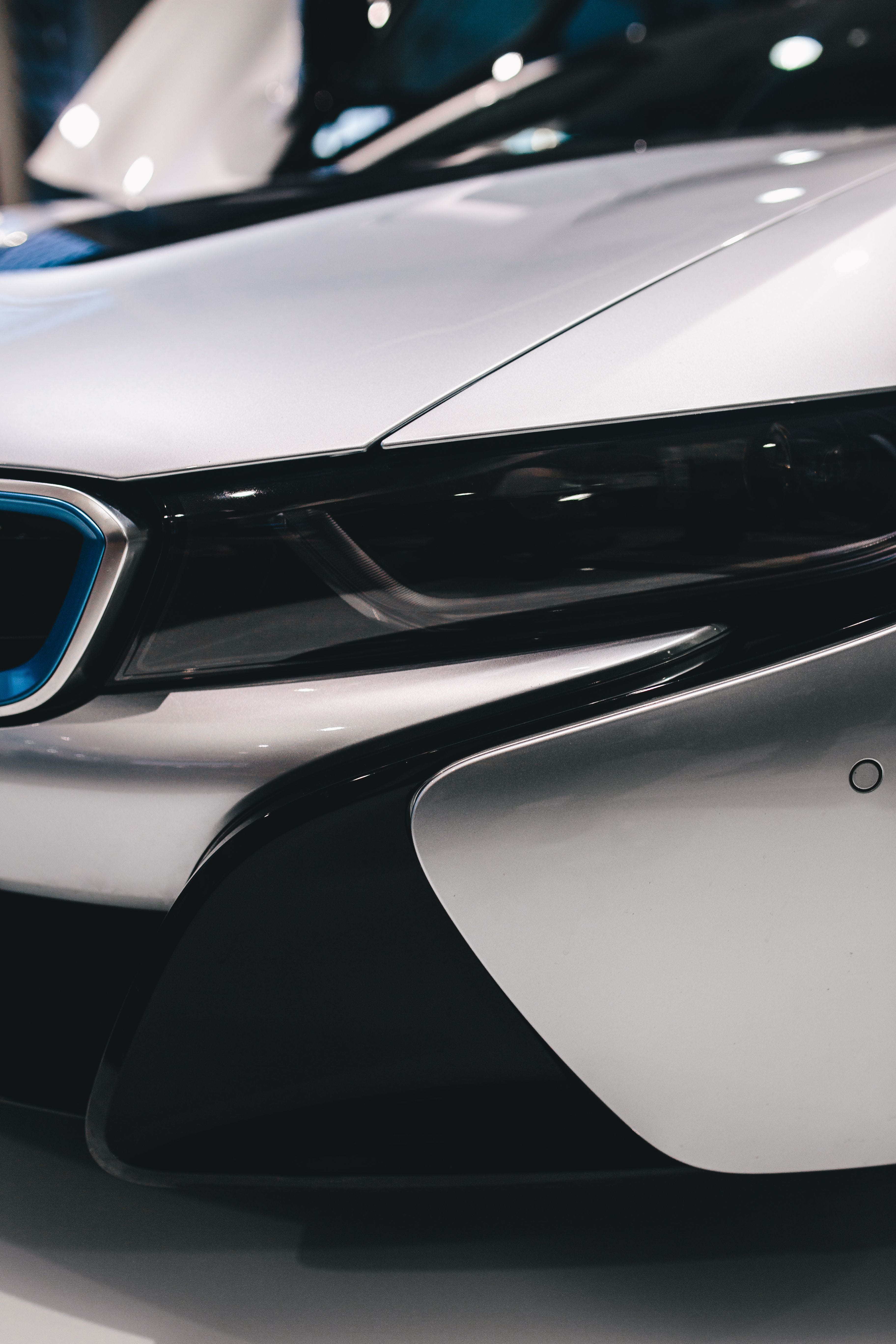 day, outdoors, speed, bmw, side view, car, hybrid, shiny, stationary, vehicle light, mode of transportation, reflection, eco, BMW i8, Silver, auto, modern, Phone HD Wallpaper