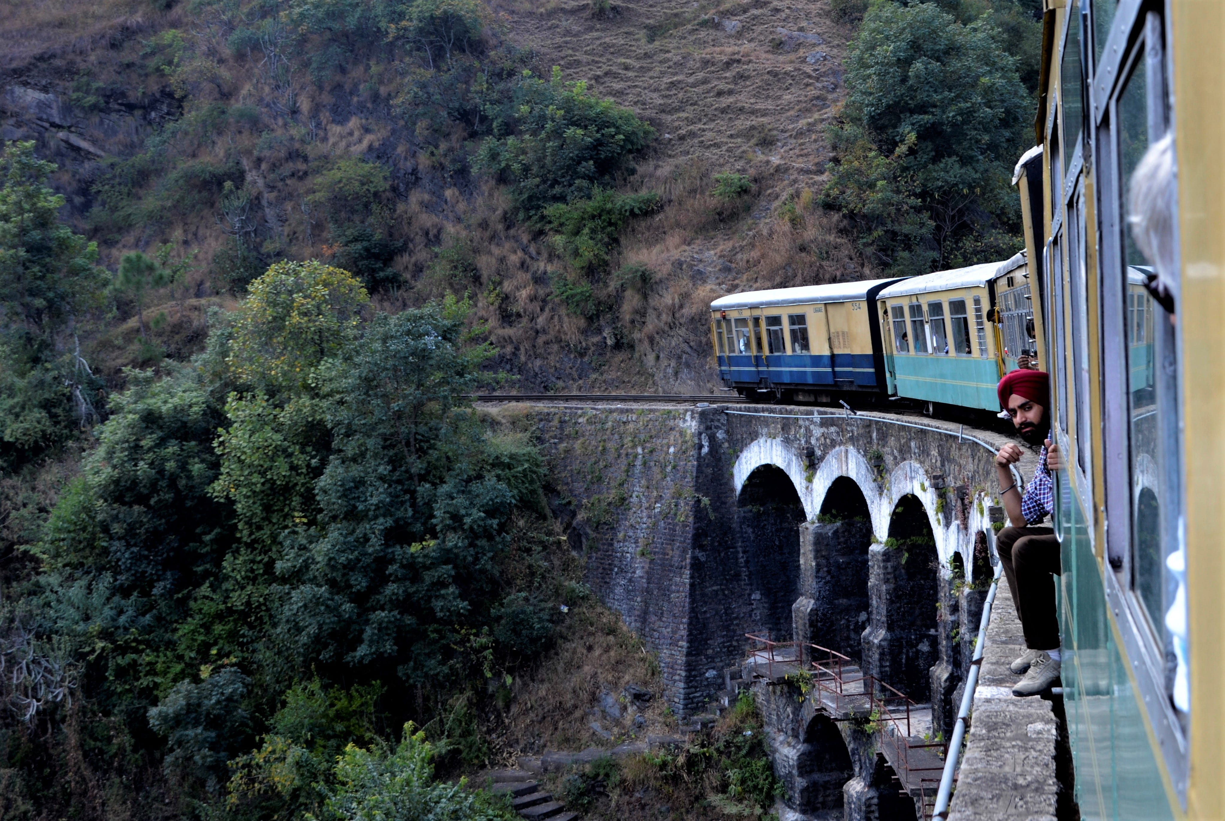 train - vehicle, growth, Shimla, bridge, mountain, Train, mode of transport, 4K, day, no people, Viaduct, architecture, track, nature, arch, tree, plant, HD Wallpaper