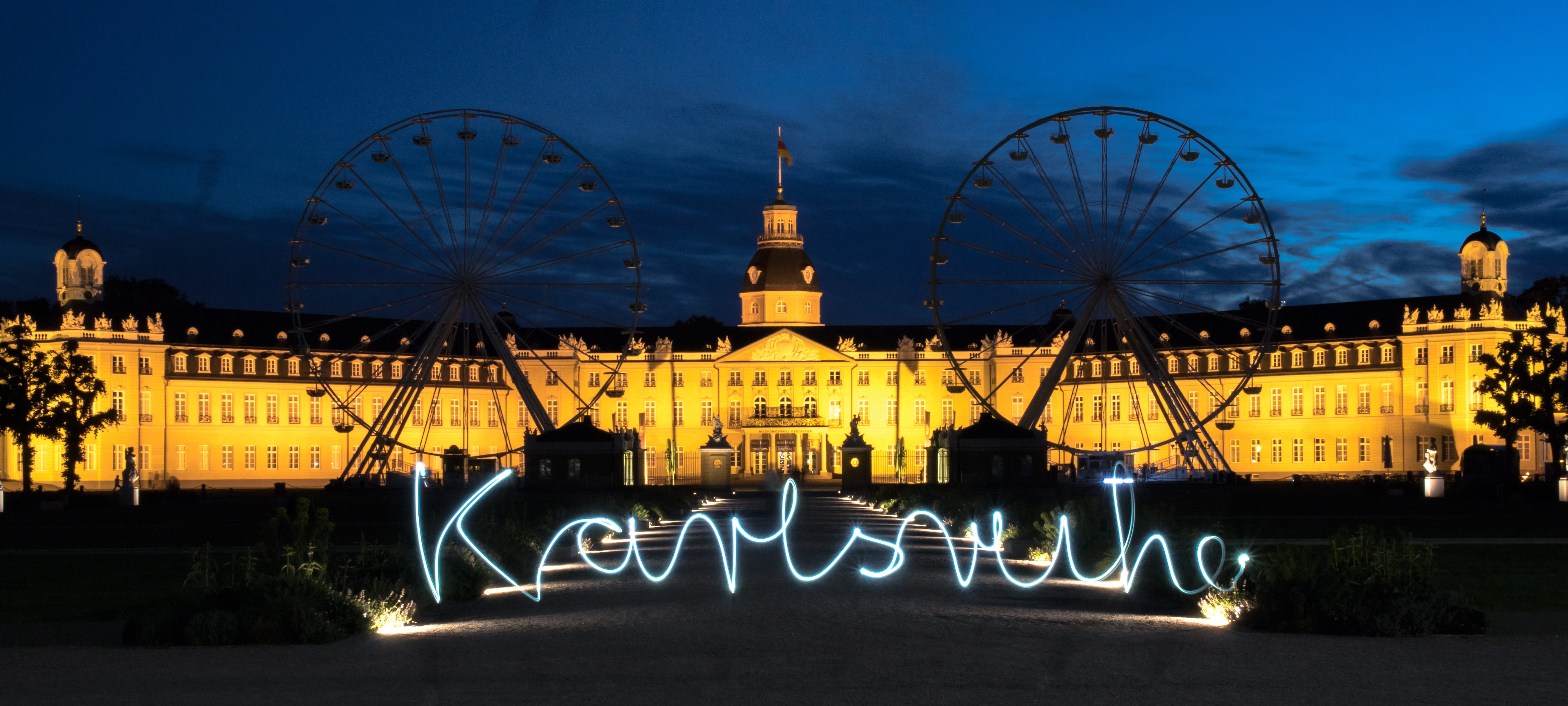 outdoors, nature, baden württemberg, Blue Hour, lightpainting, karlsruhe, castle illuminations, communication, building, city life, text, architecture, HD Wallpaper