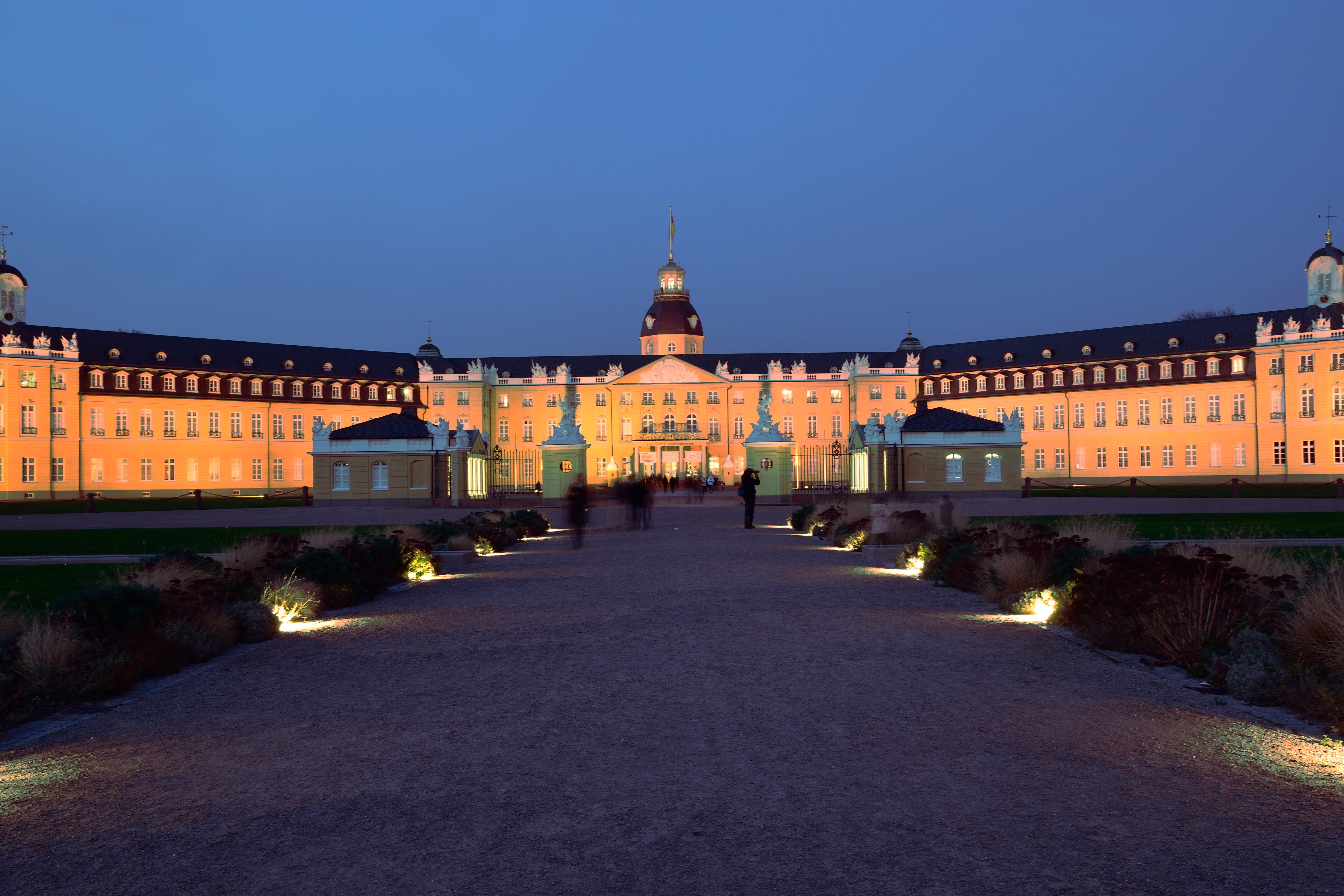 castle, outdoors, direction, blue hour, 5K, architecture, abendstimmung, city, travel destinations, clear sky, karlsruhe, history, tourism, nature, building exterior, HD Wallpaper