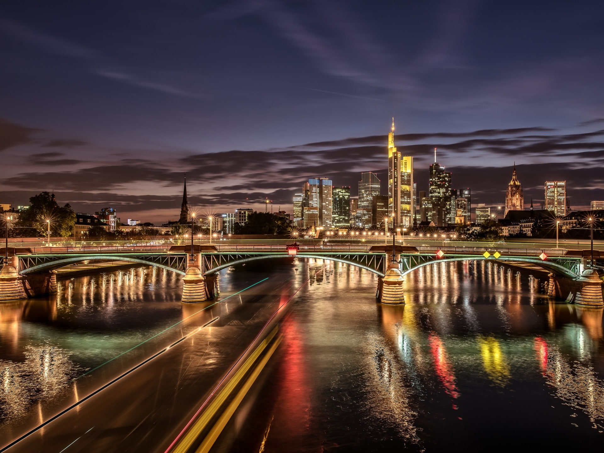 Skyscrapers, Night, 1080P, Bridge, Germany, River, Frankfurt, Illumination, HD Wallpaper