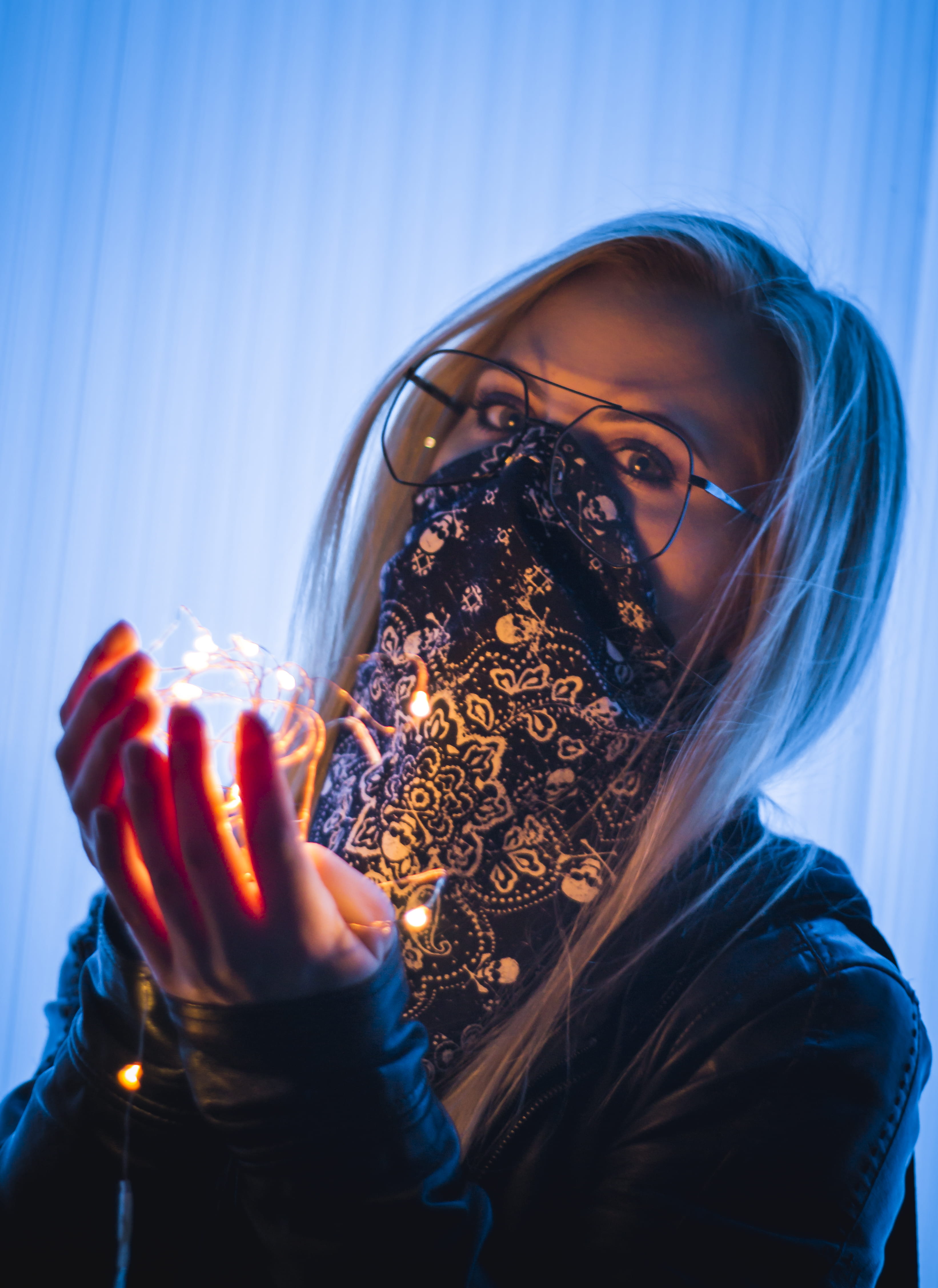 glowing, portrait, blue, hairstyle, lights, adult, modelglasses, hair, lifestyles, human body part, night, united states, girl female, night life, mask, Phone HD Wallpaper