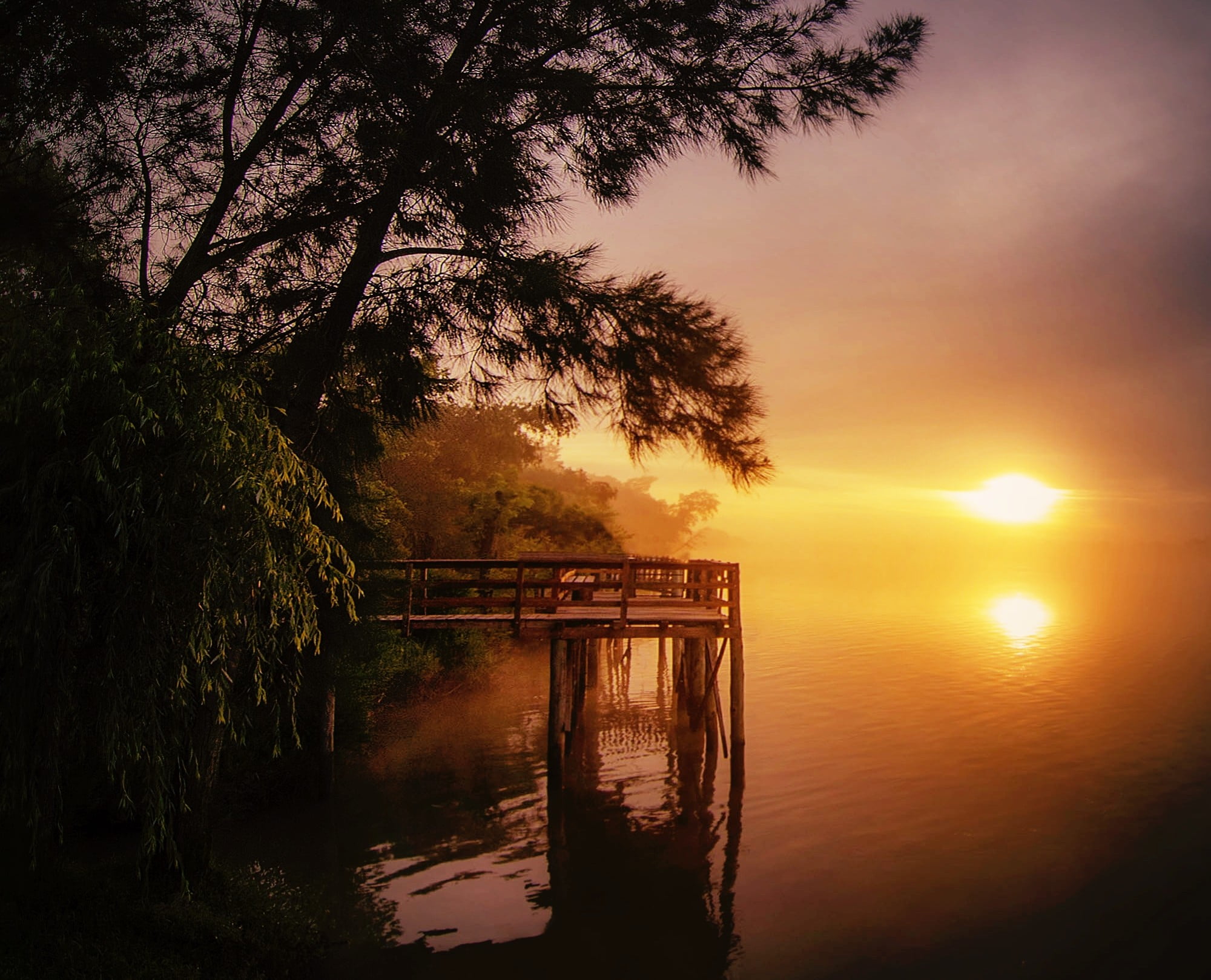 near, beauty in nature, sunset, river, morning, lake, lowlight, photography, tranquility, leafed, orange, water, sun, green, sky, tree, orange color, bridge, HD Wallpaper