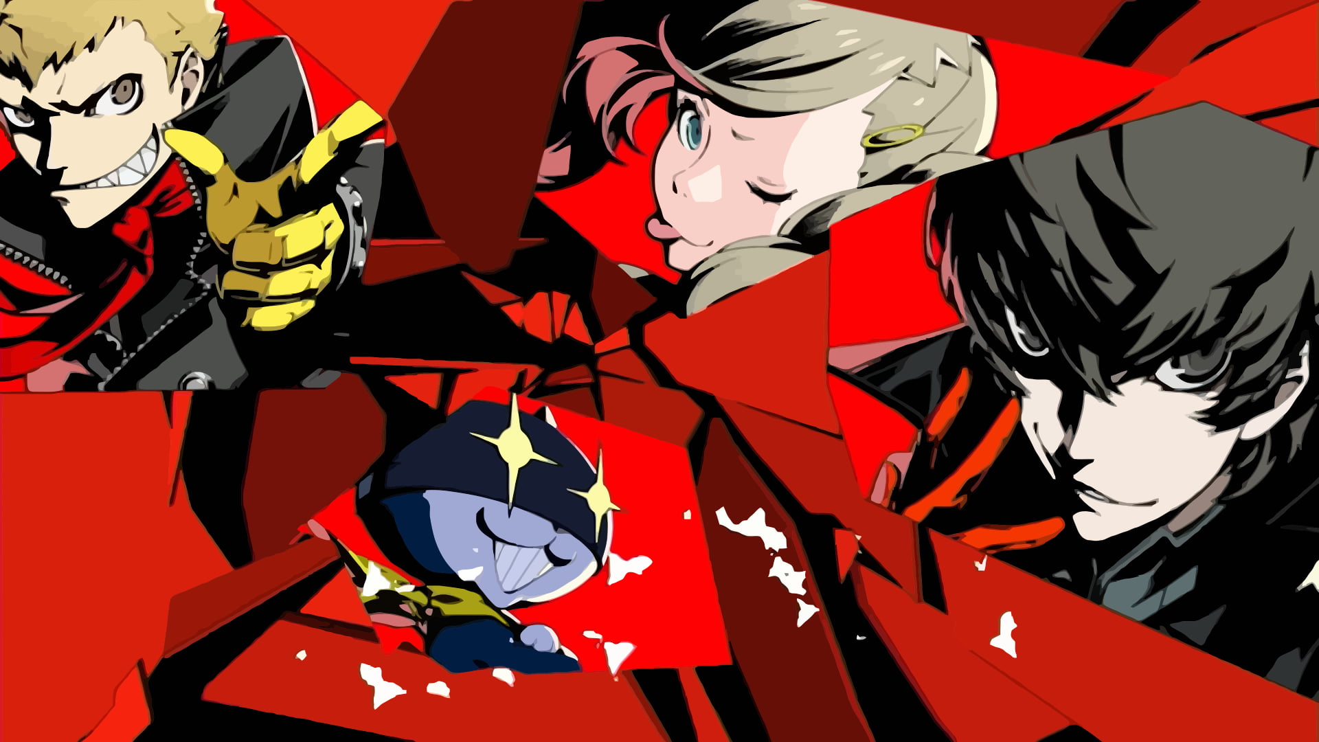 no people, black color, aggression, red, studio shot, pattern, 1080P, persona, Persona 5, screenshot, indoors, cartoon, Persona series, composite image, HD Wallpaper