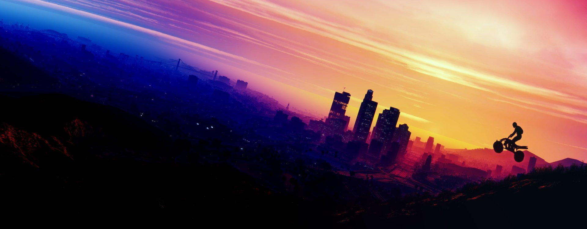 Bike, Grand Theft Auto V, Los Santos, Skyscraper, Biker, Sky, 1080P, Grand Theft Auto, City, HD Wallpaper