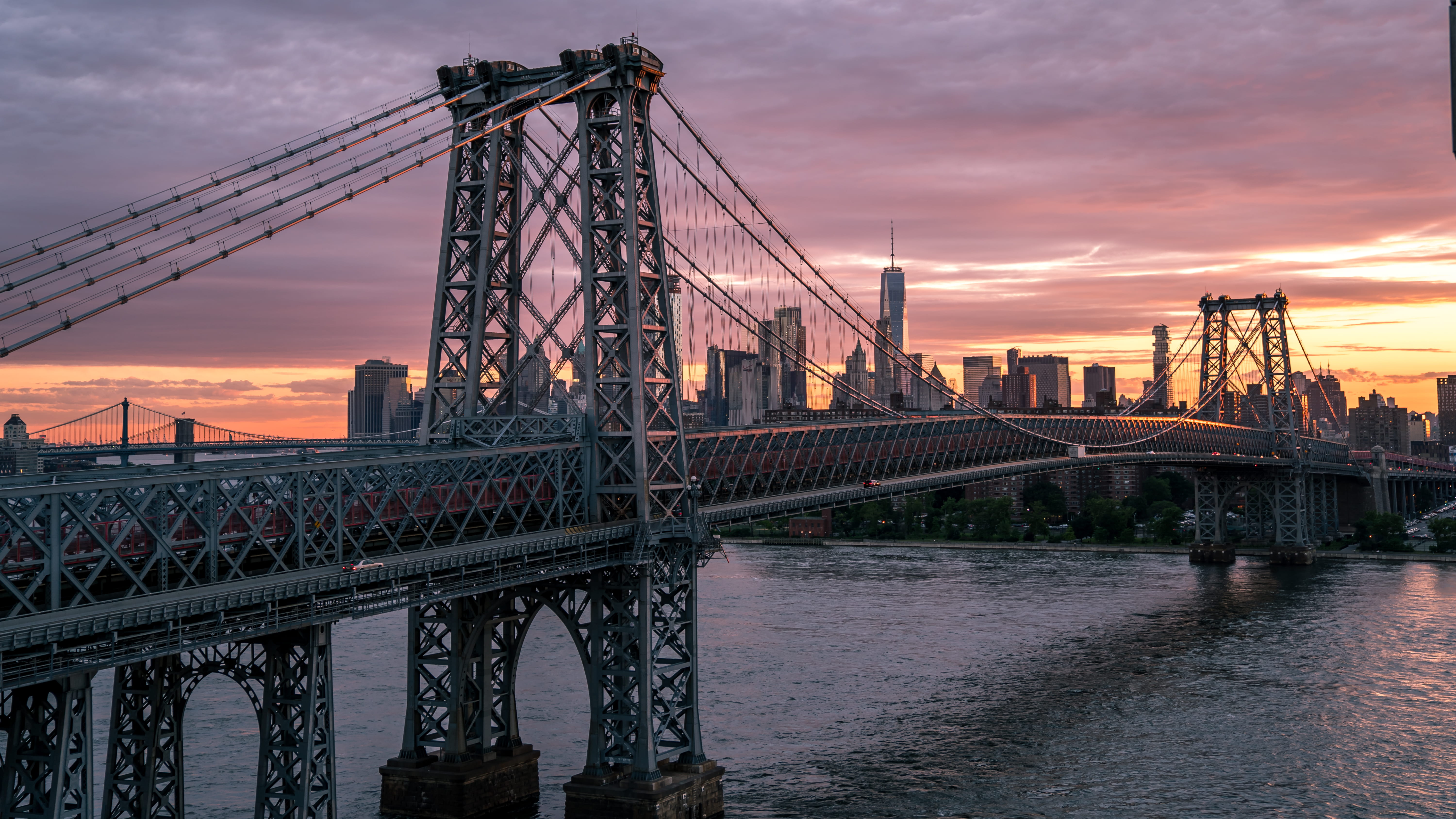 nature, city, building exterior, dom tower, cityscape, new york, connection, architecture, colorful sky, river, ny, united states, built structure, one world trade center, HD Wallpaper
