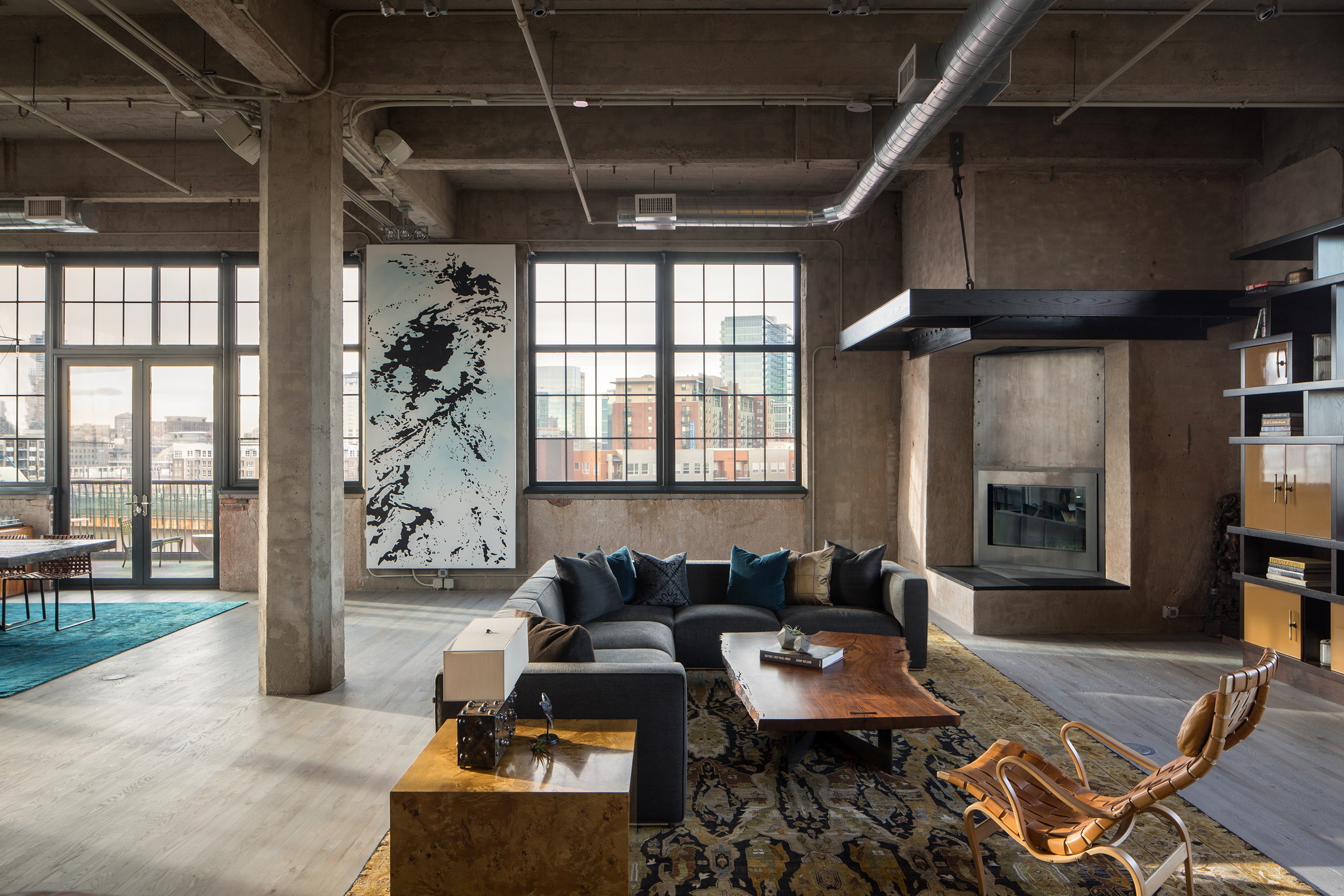 Denver, living room, fireplace, 2K, Colorado, interior, Industrial loft, HD Wallpaper