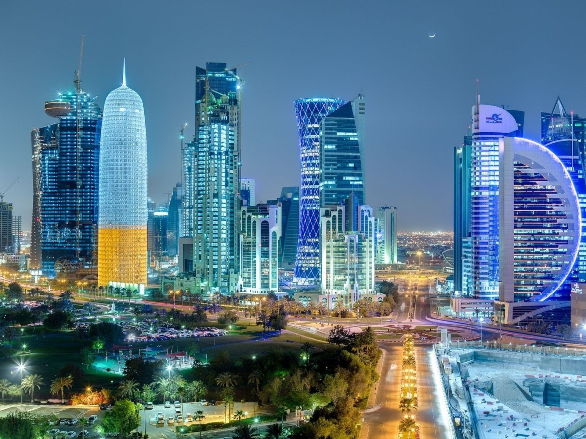 sky, built structure, Doha, travel destinations, illuminated, urban skyline, financial district, tower, building exterior, office building exterior, skyscraper, HD Wallpaper