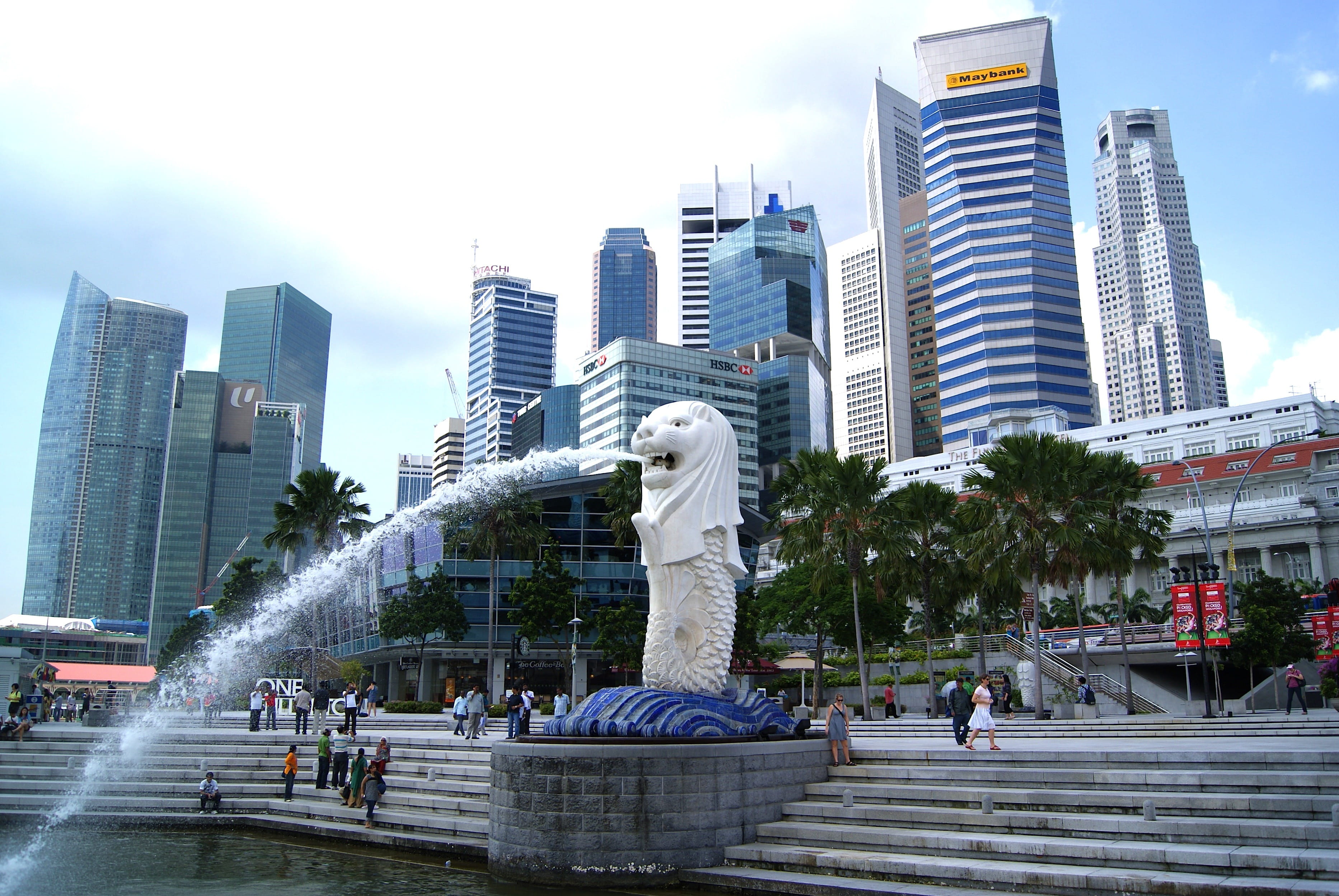 city life, urban, clouds, skyscrapers, modern, fountain, buildings, representation, cityscape, sky, statue, skyscraper, 2K, art and craft, building, tree, HD Wallpaper