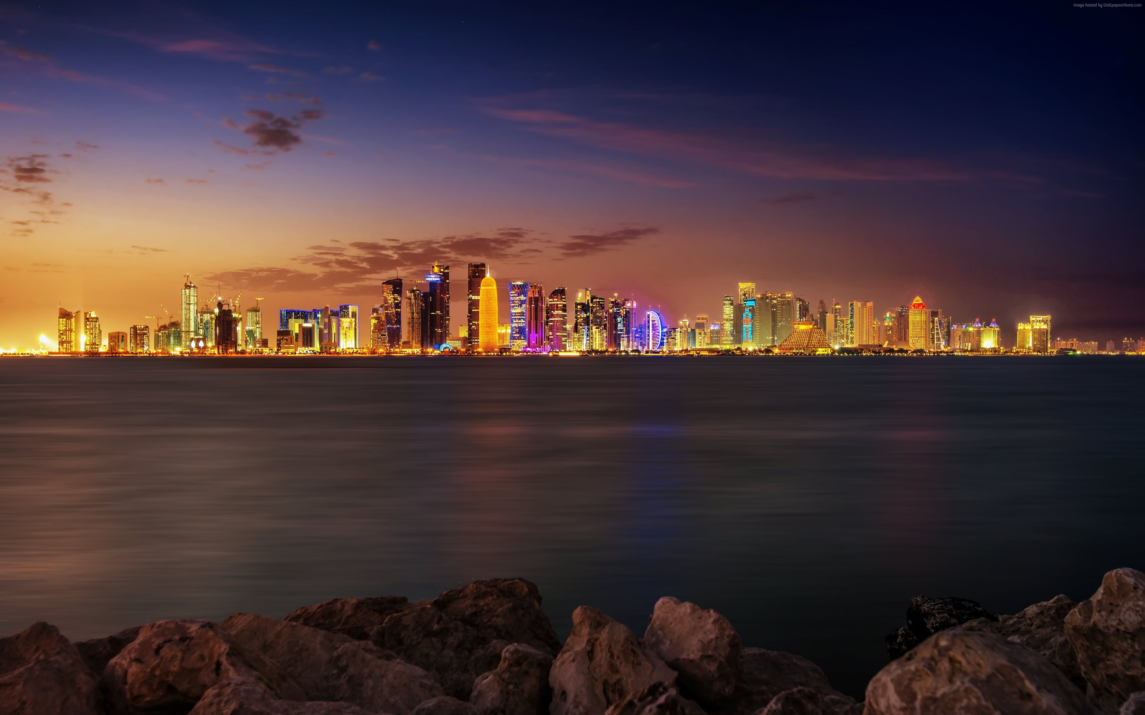 4K, Qatar, night, financial district, outdoors, water, urban skyline, office building exterior, building exterior, nature, architecture, landscape, sky, HD Wallpaper