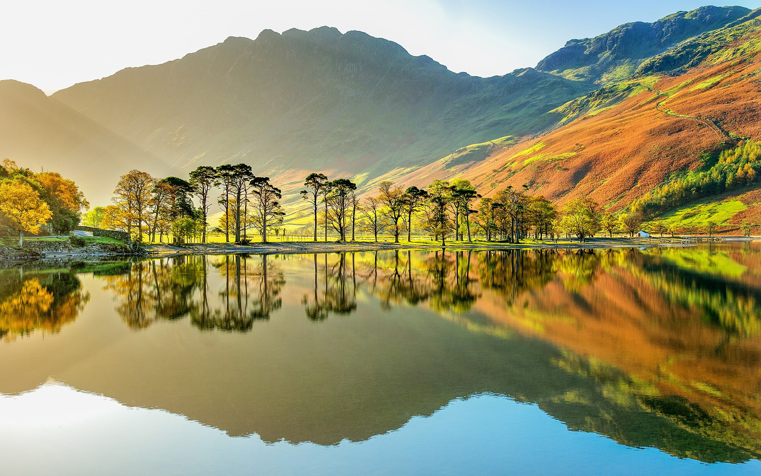 cumbria, no people, waterfront, tree, tranquil scene, tranquility, sky, 2K, architecture, buttermere, nature, green, national, water, idyllic, non-urban scene, HD Wallpaper
