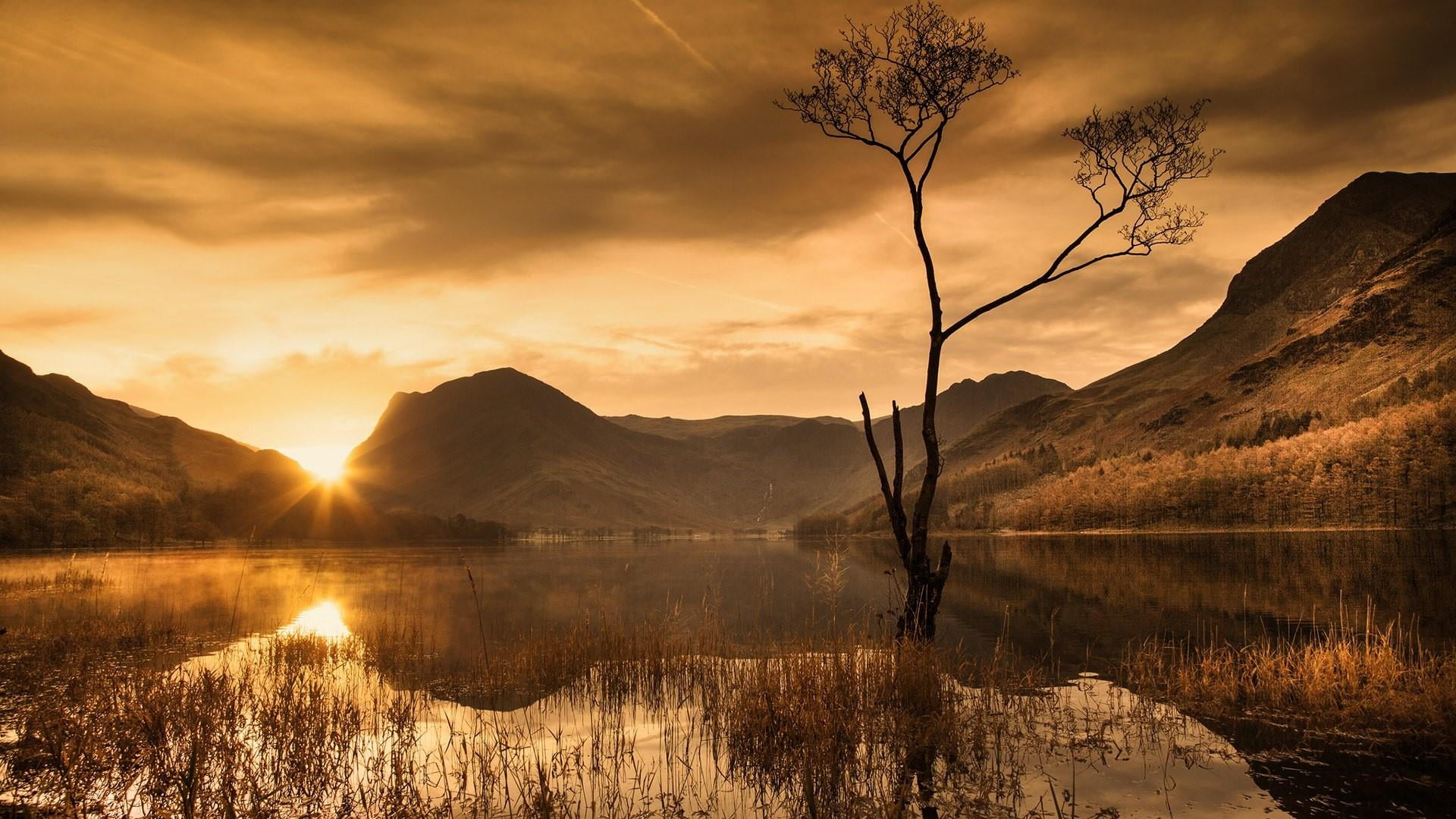 buttermere, cloud - sky, united kingdom, tranquility, water, sky, 1080P, lone tree, sunset, reeds, tranquil scene, scenics - nature, lake, beauty in nature, HD Wallpaper