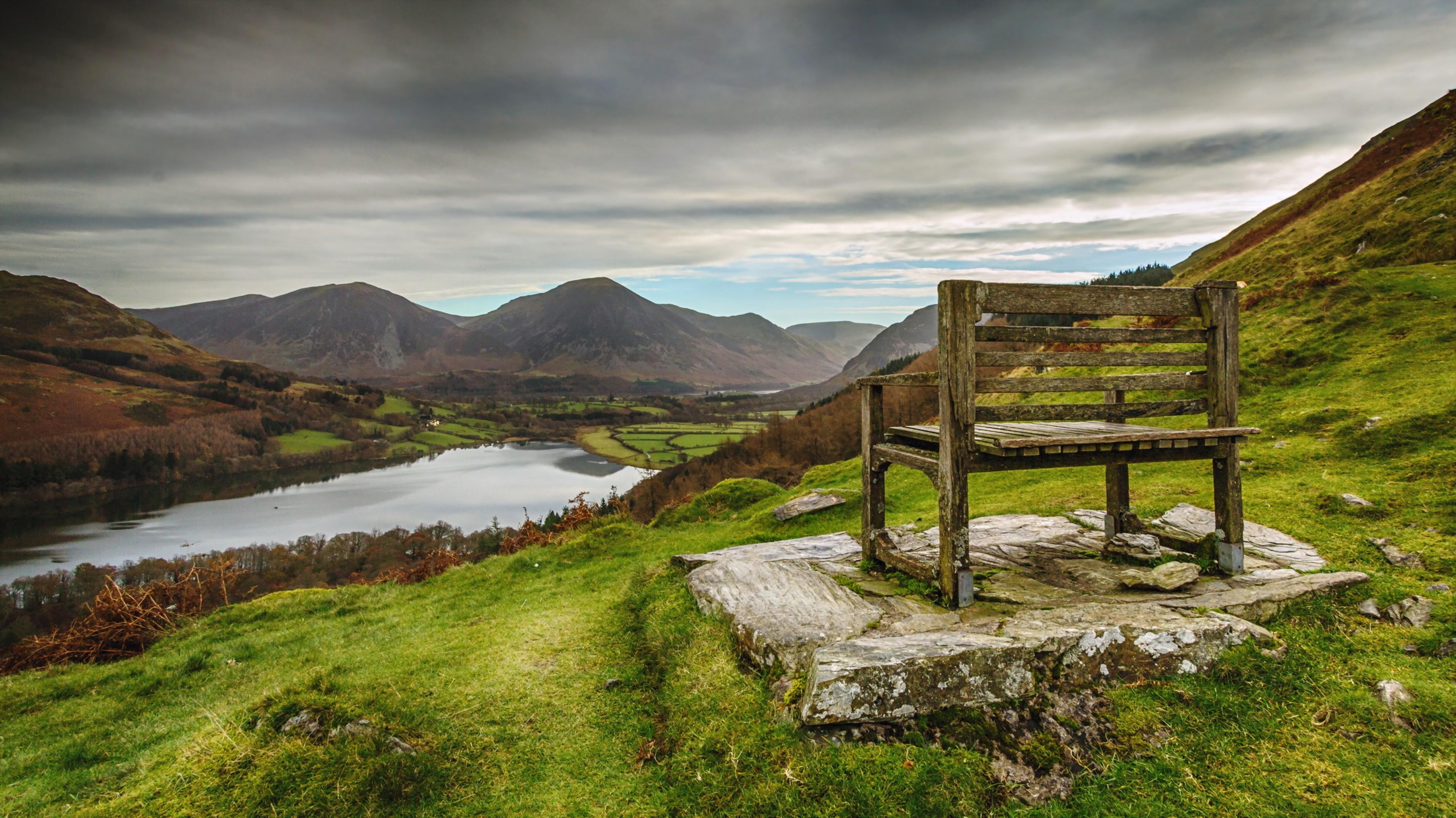 wilderness, lake, clouds, sky, nature, 4K, highland, chair, bench, cloud, countryside, water, mountain, hill, lake district, landscape, loch, HD Wallpaper