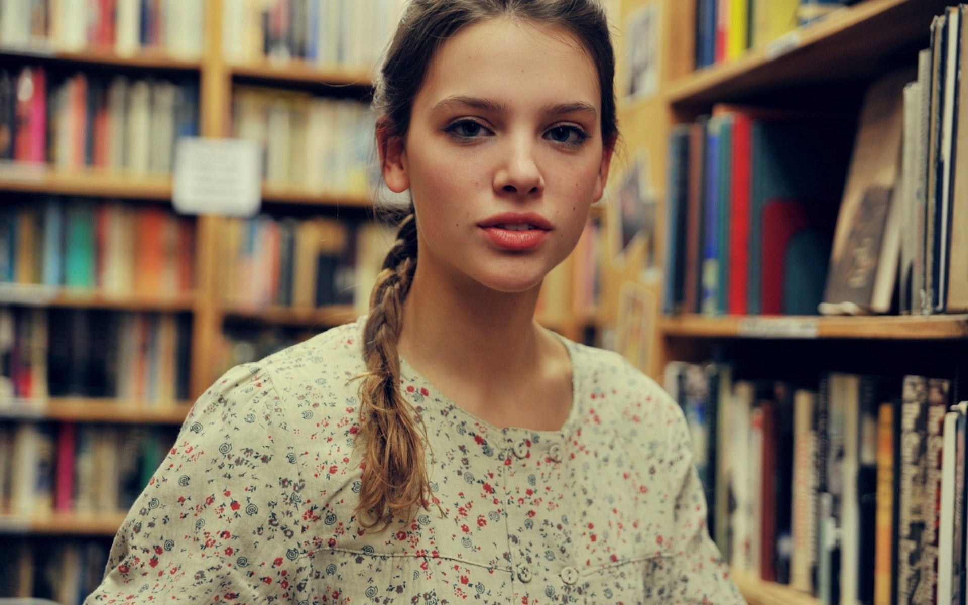 portrait, brunette, long hair, studying, library, braids, young women, beauty, hair, looking at viewer, shelf, one person, bookshelf, model, women, learning, HD Wallpaper