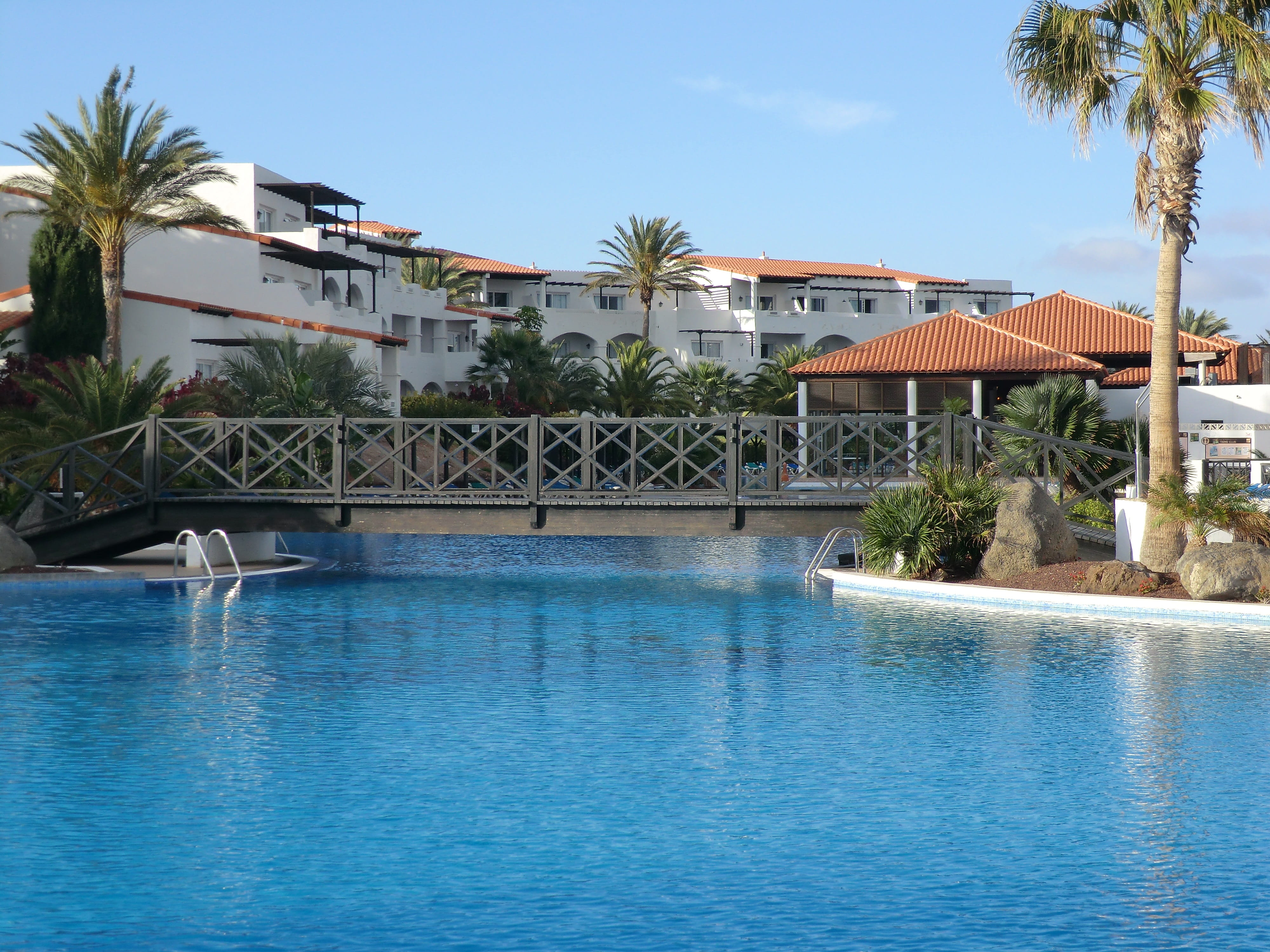 tree, day, canary islands, architecture, tourist resort, no people, swimming pool, outdoors, plant, sky, built structure, building exterior, Spain, poolside, HD Wallpaper