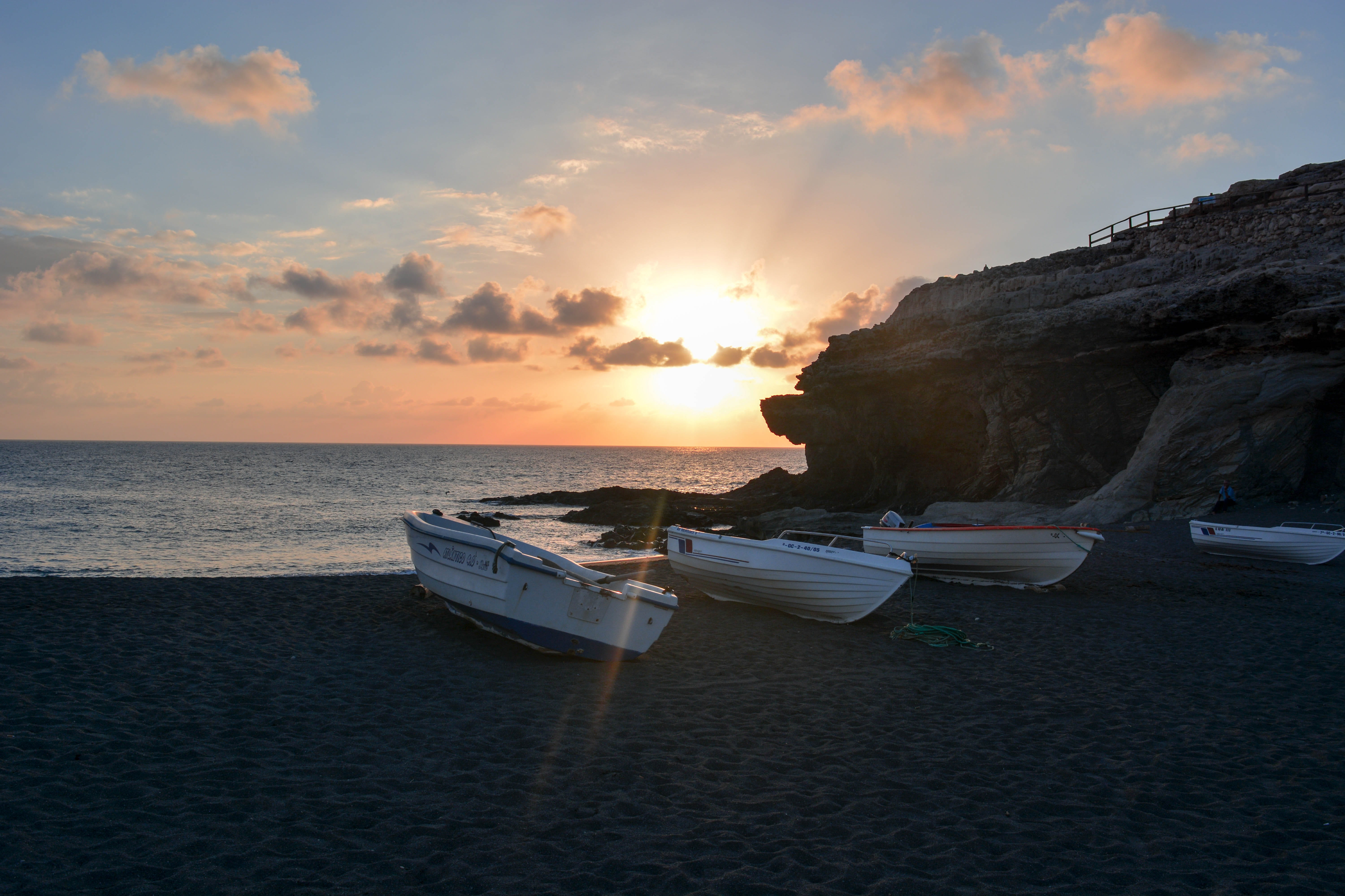 rowboat, outdoors, land, sky, sunset, horizon over water, boat, transportation, fuertaventura, ocean, horizon, moored, fuerteventura, nautical vessel, cloud - sky, HD Wallpaper