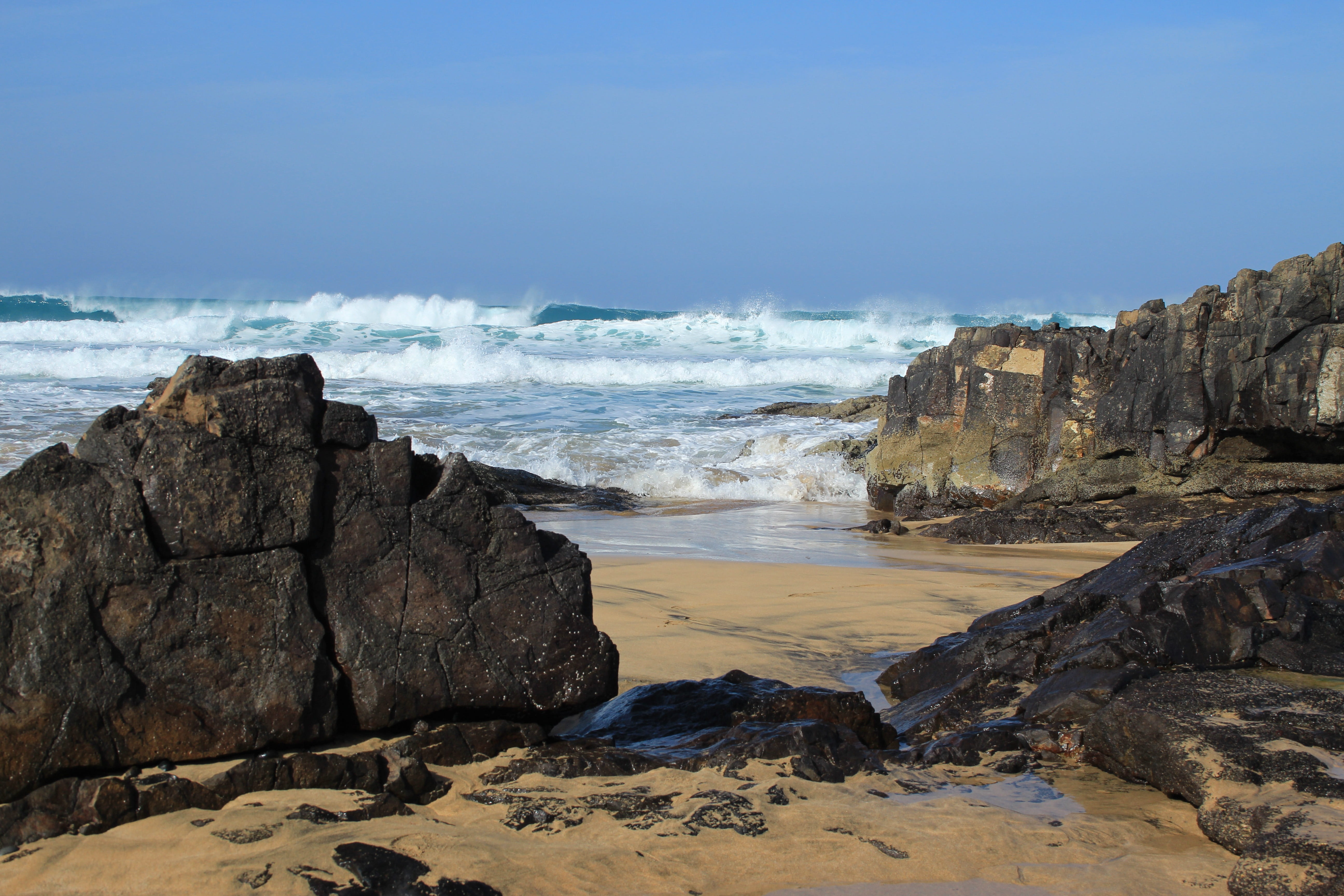 beach, rock, shoreline, water, sky, wave, solid, breaking, canary islands, non-urban scene, rocks, canaries, nature, coastline, spain, day, rocky coastline, HD Wallpaper