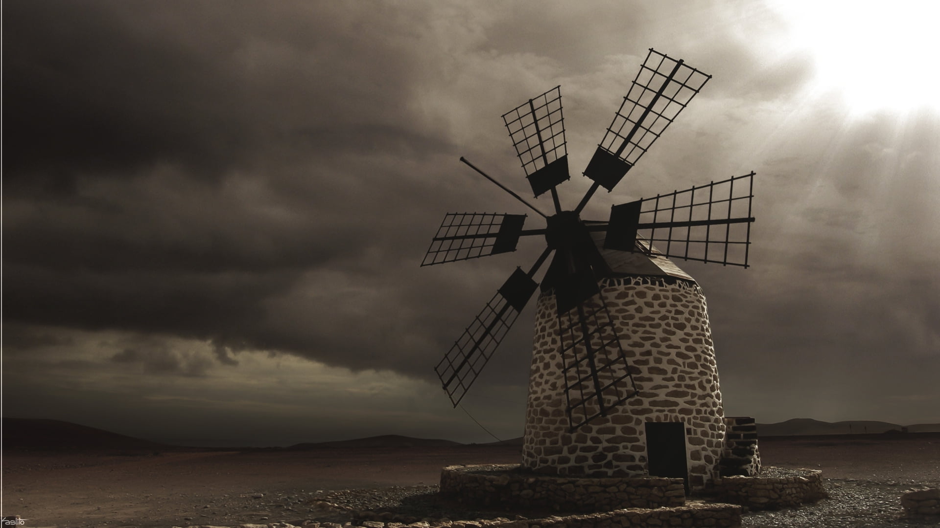overcast, sepia, kaslito, 1080P, Fuerteventura, Canary Islands, windmill, HD Wallpaper