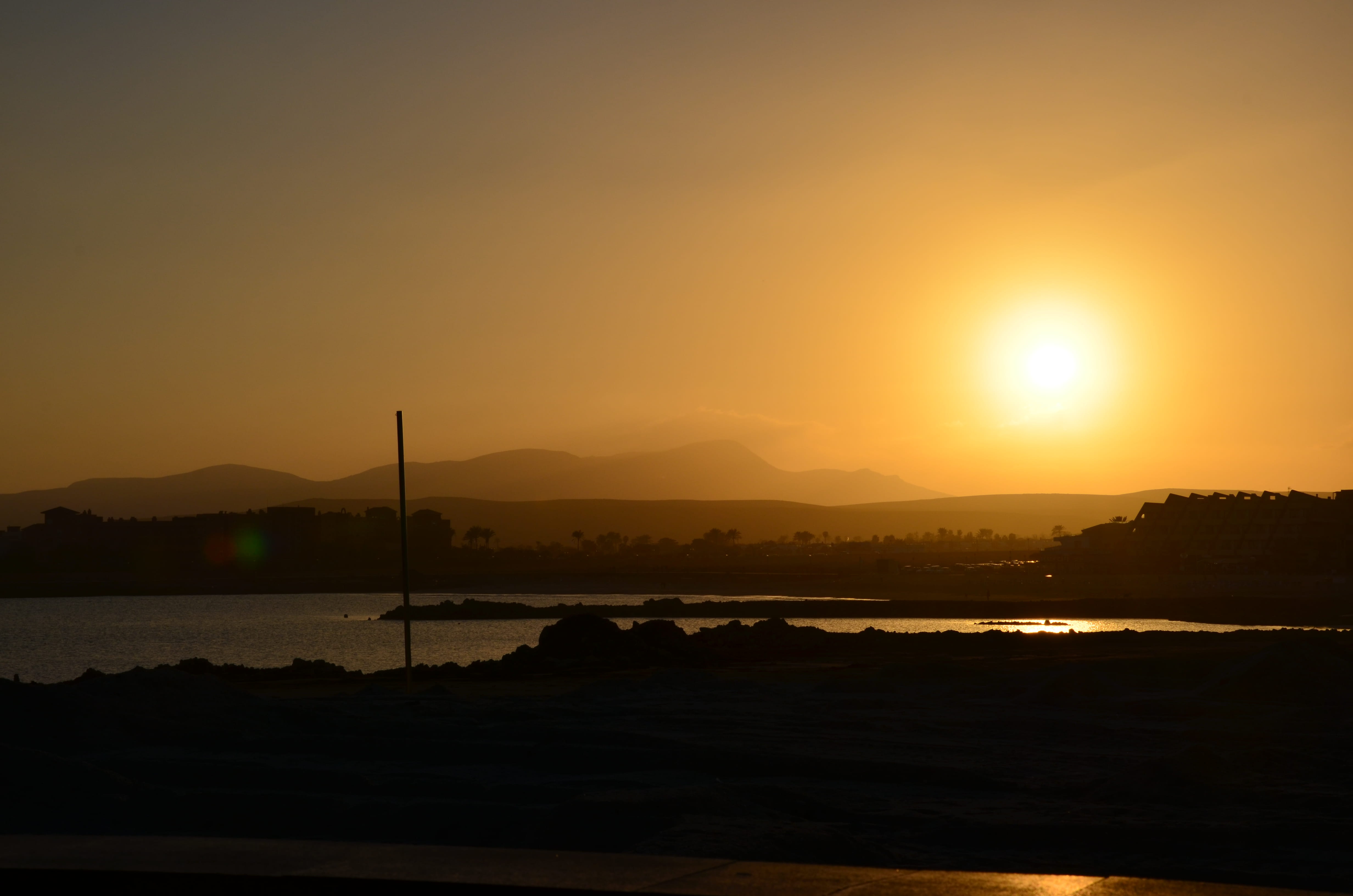 water, silhouette, fuertaventura, fuerteventura, sunset, scenics - nature, nature, orange color, spain, sunlight, reflection, tranquil scene, idyllic, lake, HD Wallpaper