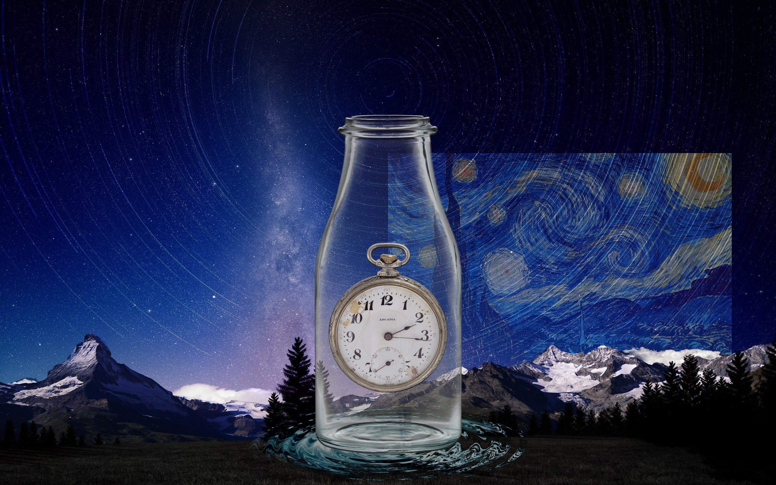 scenics - nature, glass - material, night, time in a bottle, winter, sky, indoors, time, no people, clock face, clock, Vincent van Gogh, snow, alarm clock, HD Wallpaper