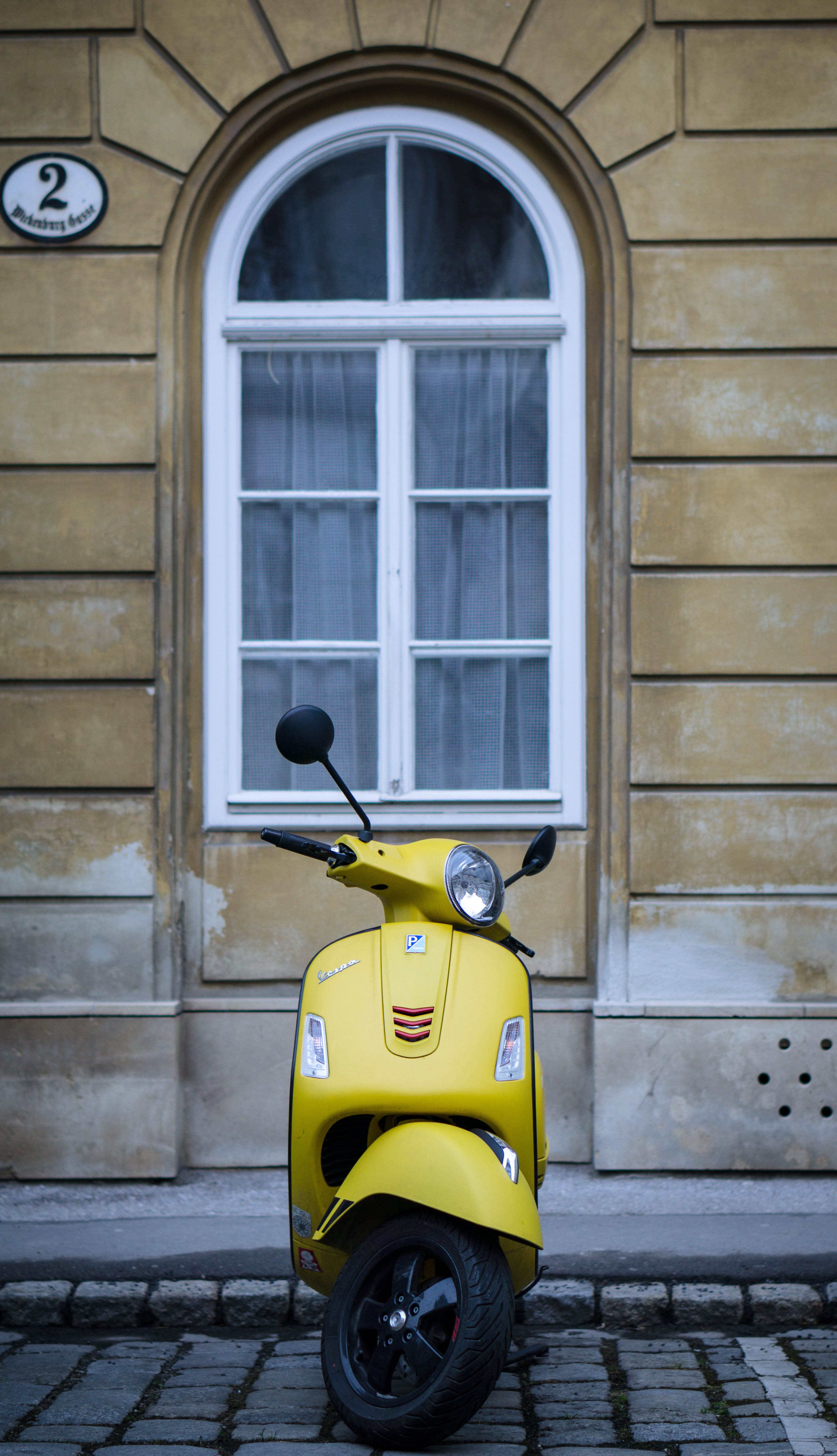 car, transportation, windows, building, stationary, lovely-vespa, yellow, 5K, no people, building exterior, window, house, colours, vienna, mode of transportation, Phone HD Wallpaper