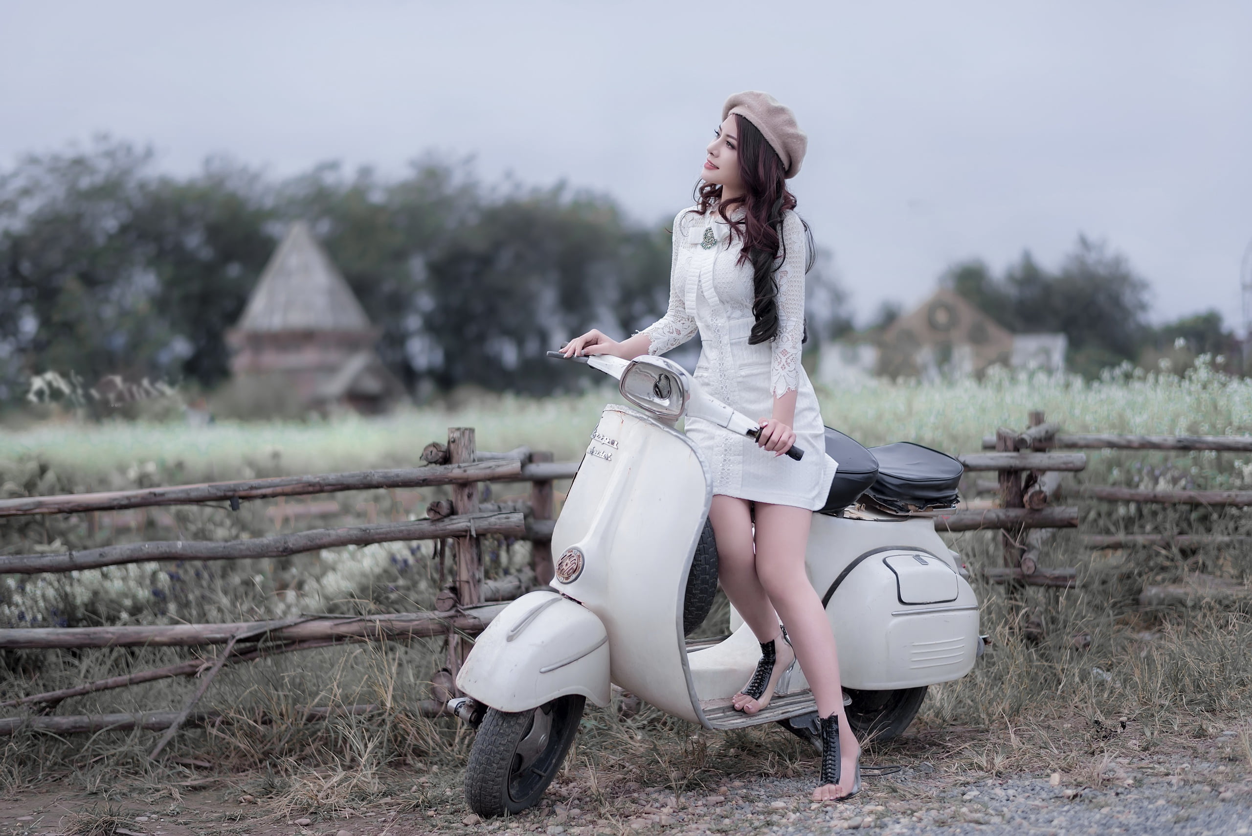 hairstyle, 2K, lifestyles, young adult, nature, adult, young women, Vespa, tree, one person, women outdoors, sitting, clothing, beauty, outdoors, long hair, HD Wallpaper