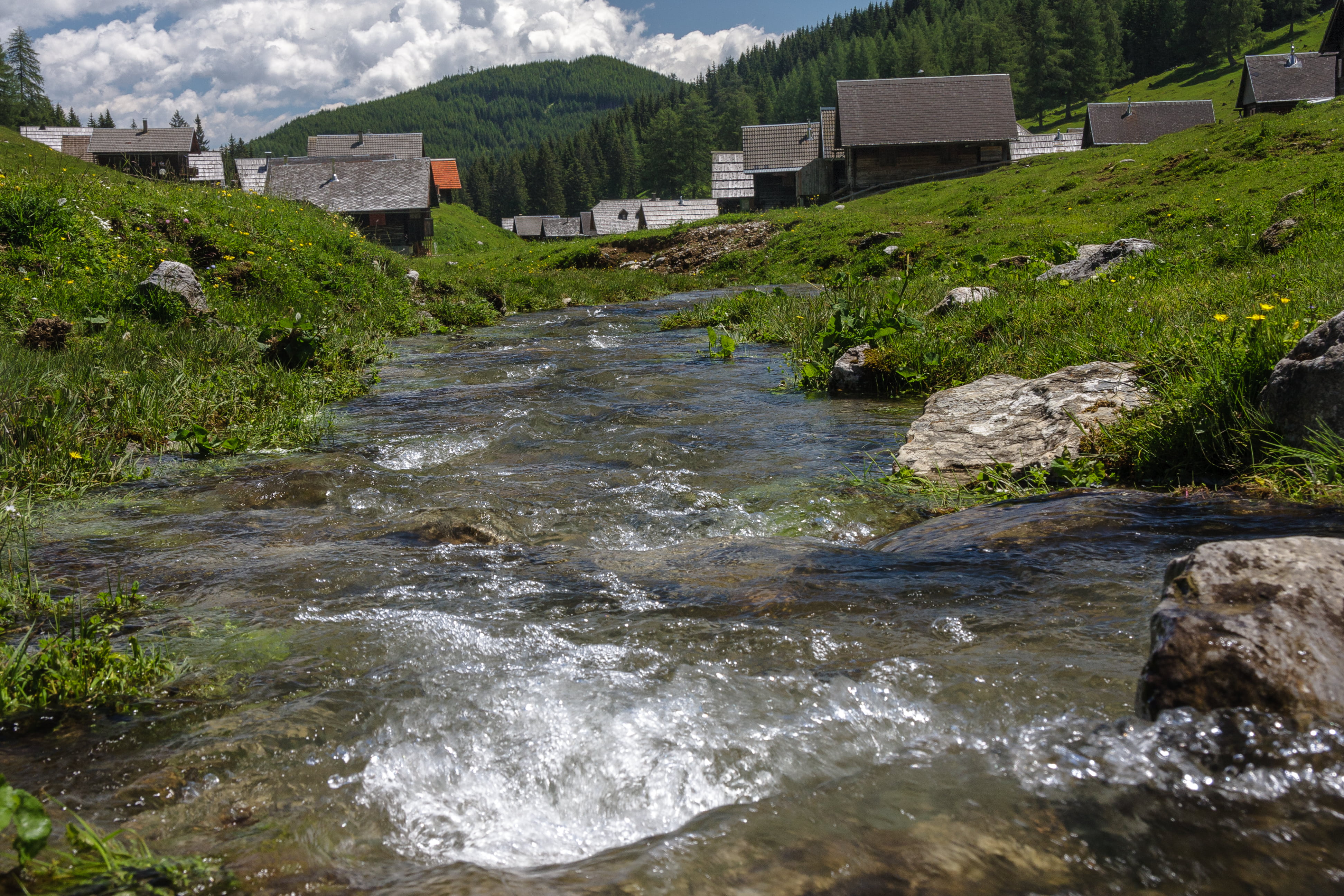 carinthia, beauty in nature, austria, scenics - nature, alm, tree, stream - flowing water, river, built structure, mountains, motion, no people, 4K, plant, HD Wallpaper