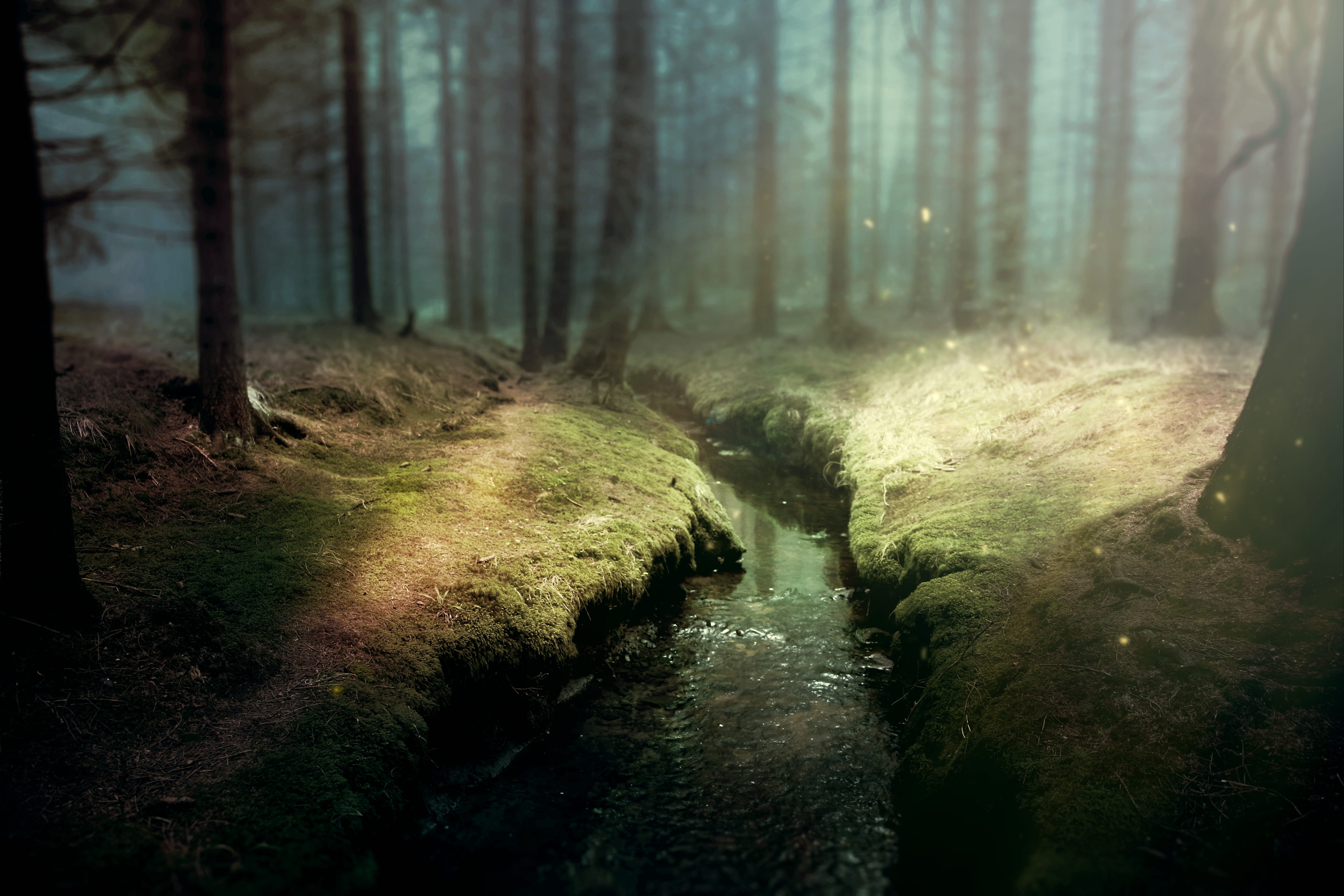 landscape, tranquil scene, daytime, fantasy, outdoors, template, water, river, photomontage, no people, tree trunk, plant, atmosphere, tree, mood, nature, HD Wallpaper