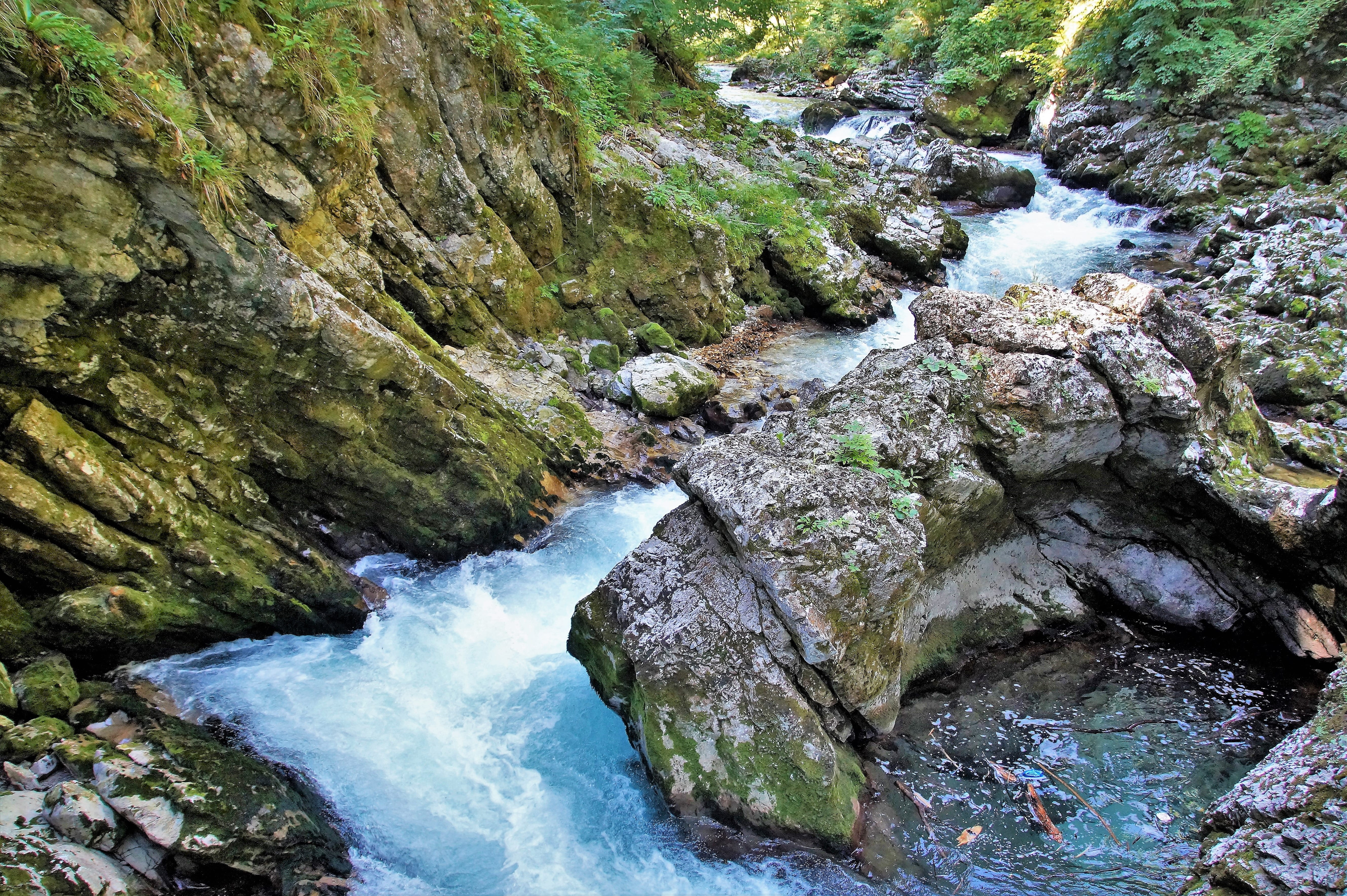 power in nature, rock - object, land, waterfall, rock formation, the vintgar gorge, stream - flowing water, long exposure, julian alps, vintgar, forest, HD Wallpaper