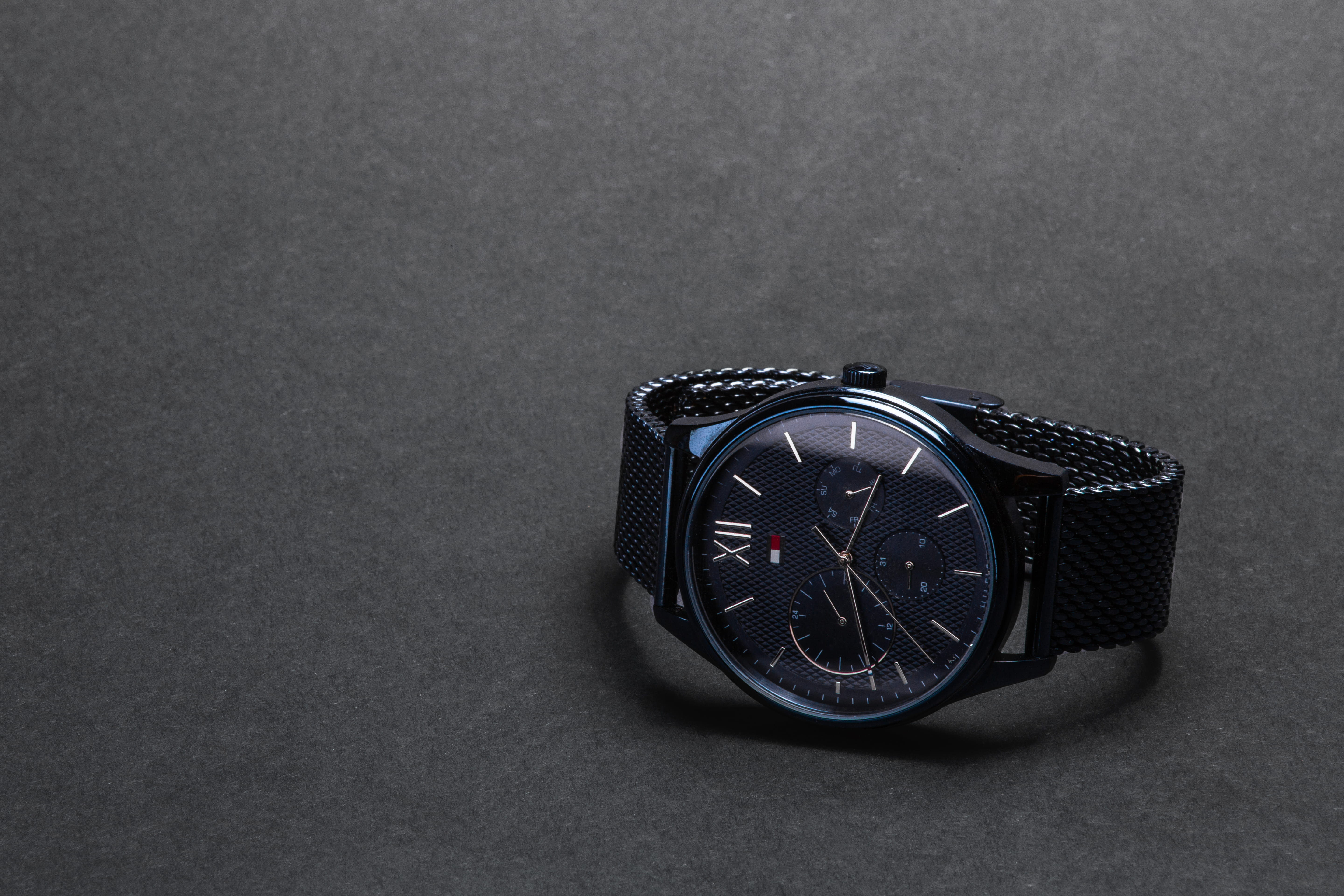 single object, bracket, hand, studio shot, gold, wrist, hilfiger, clock, no people, surface, personal accessory, black background, still life, minute hand, HD Wallpaper