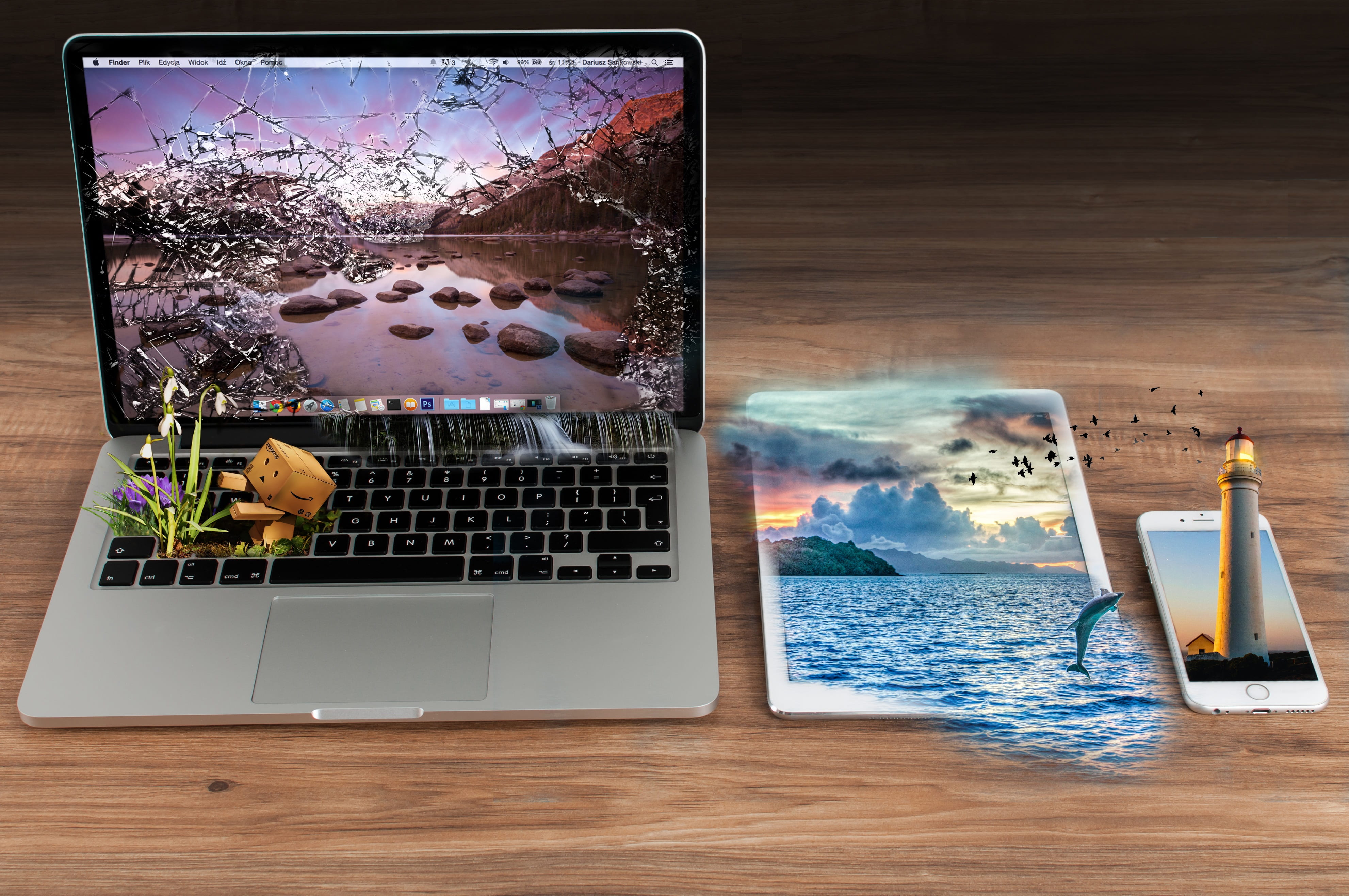 4K, ocean, background, indoors, digital art, white, wooden, creativity, ipad, mobile phone, plant, photo collage, connection, screen, photoshop, digital composite, HD Wallpaper