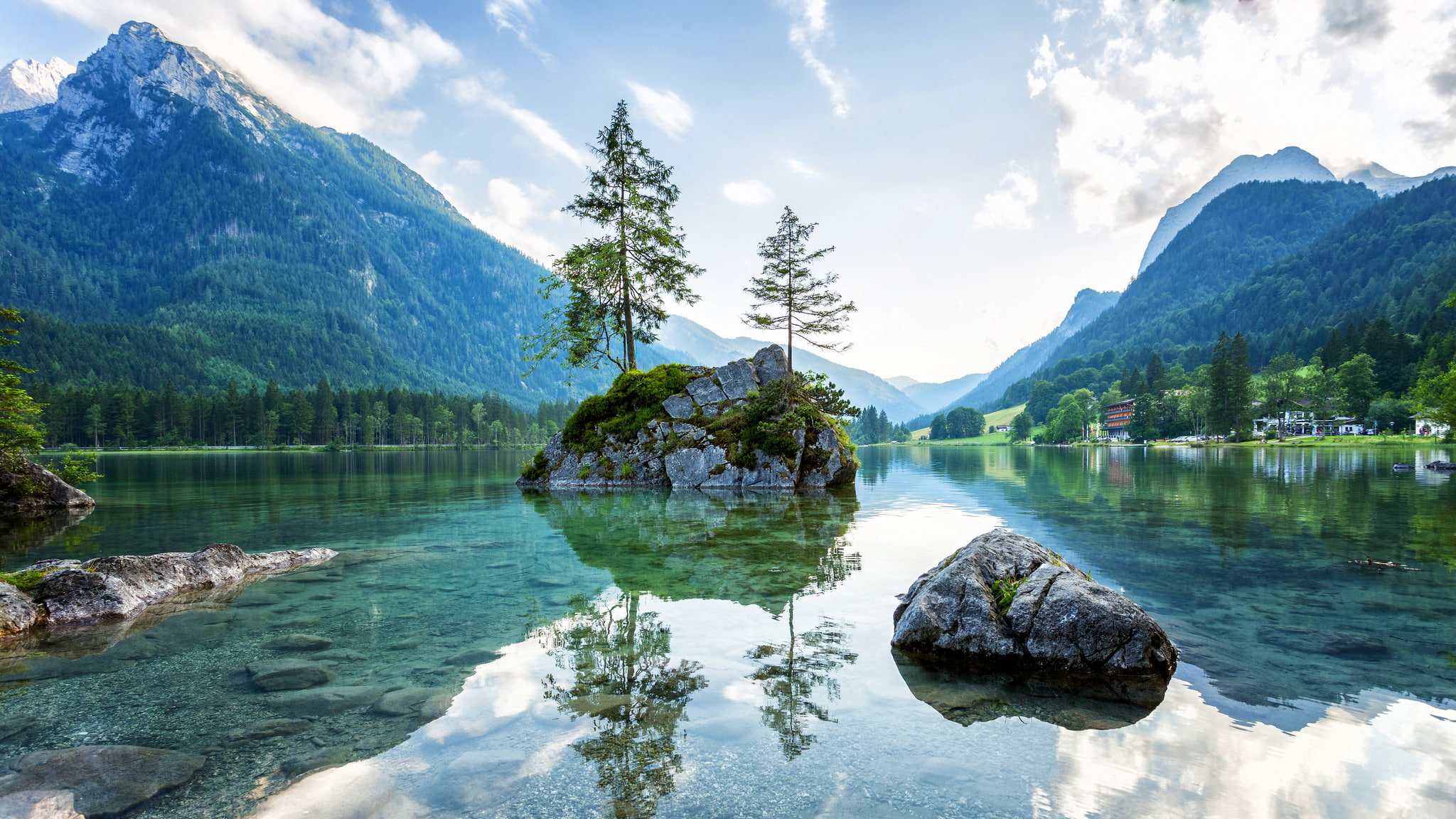 Alps, Ramsau, day, Germany, scenics - nature, nature, no people, mountains, formation, idyllic, stones, plant, tranquility, sky, Ramsauer Ache, lake, tranquil scene, HD Wallpaper
