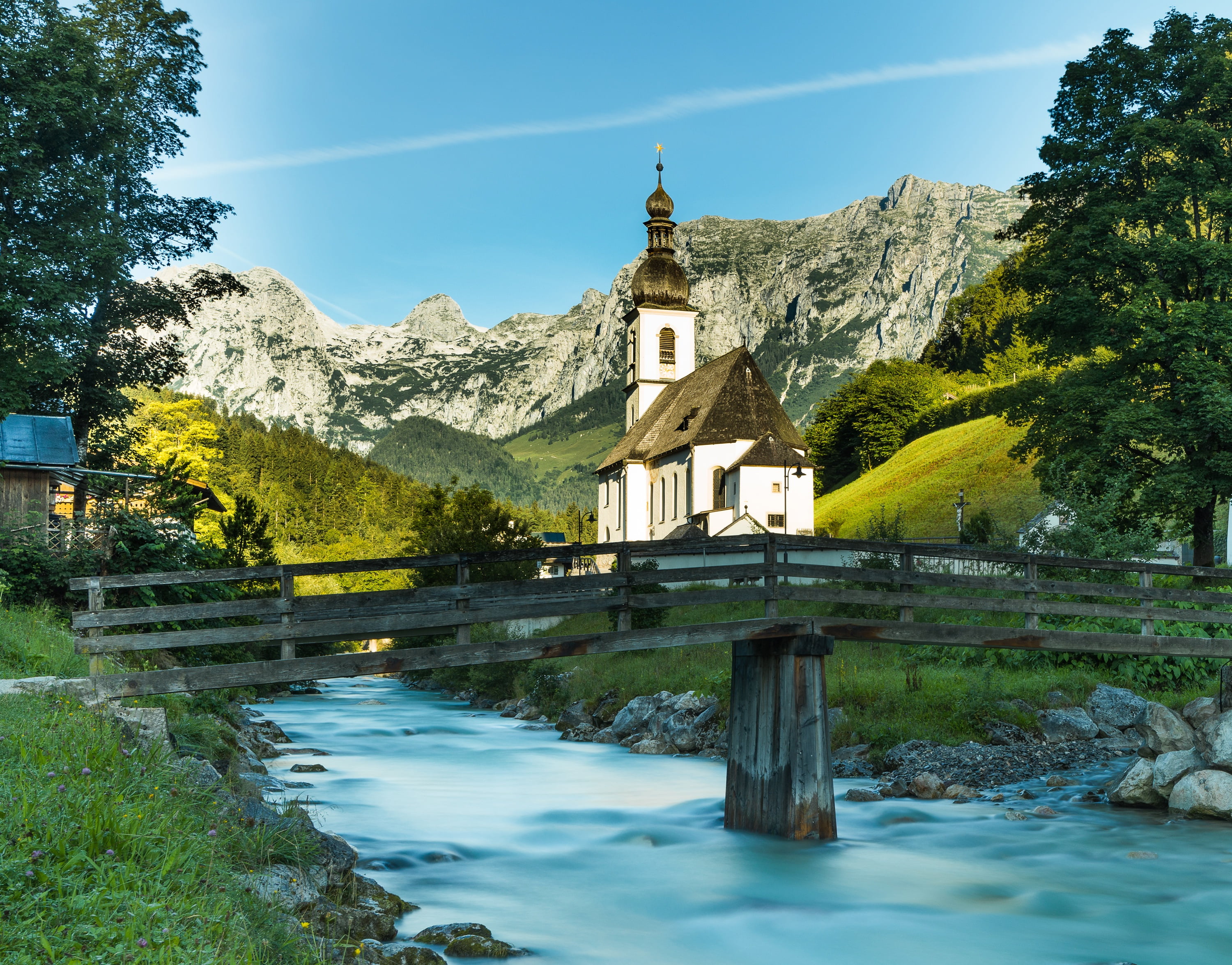 Bridge, Germany, 2K, Bayern, Ramsau, Temple, River, The city, photo, Church, HD Wallpaper