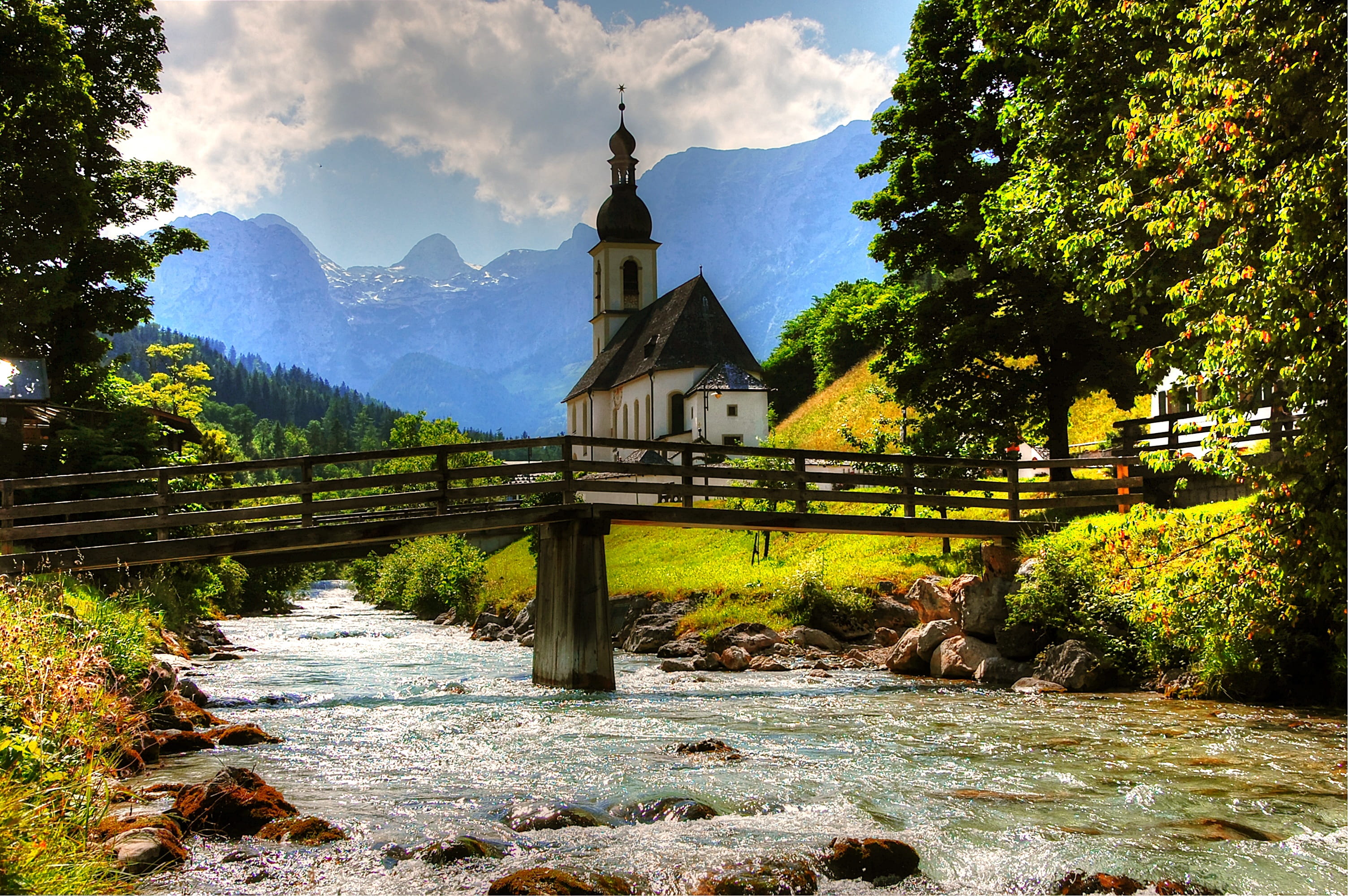 sky, belief, flowing water, footbridge, 2K, outdoors, view, green color, ramsau, ramsauer ache, bach, plant, beauty in nature, place of worship, water, HD Wallpaper