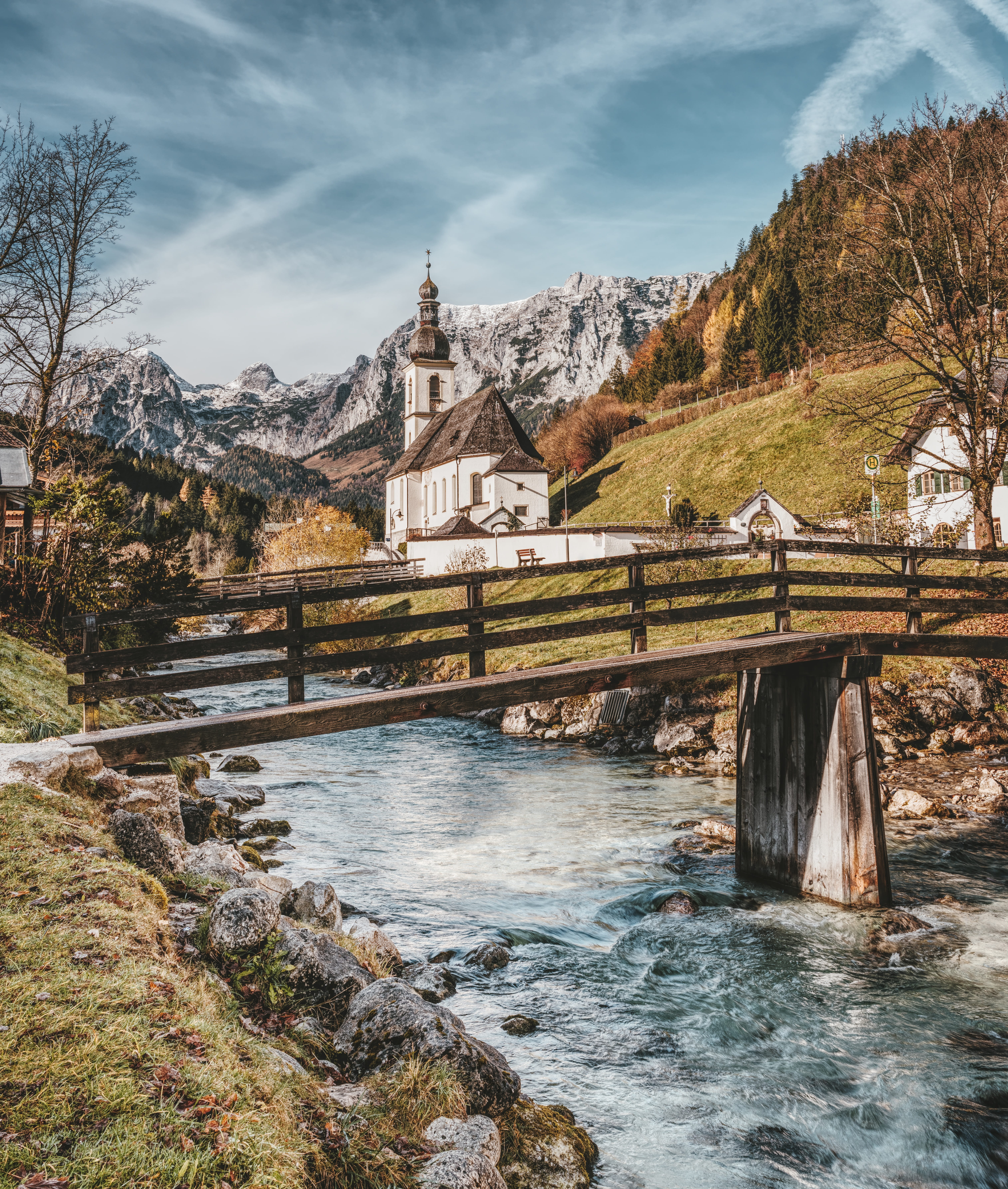 church, sankt sebastian, bach, motion, outdoors, water, bavaria, chapel, connection, sky, plant, alpine, 5K, beauty in nature, tree, flowing water, Phone HD Wallpaper