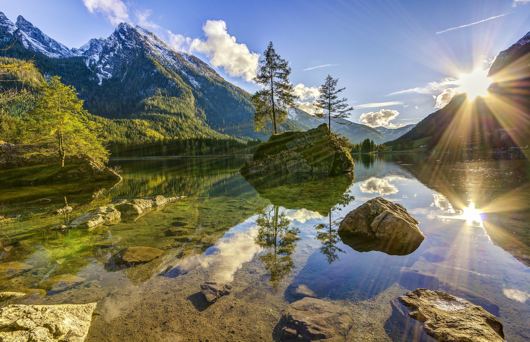 Bayern, Lake Hintersee, lake, reflection, Germany, the sun, 1080P, Bavaria, HD Wallpaper