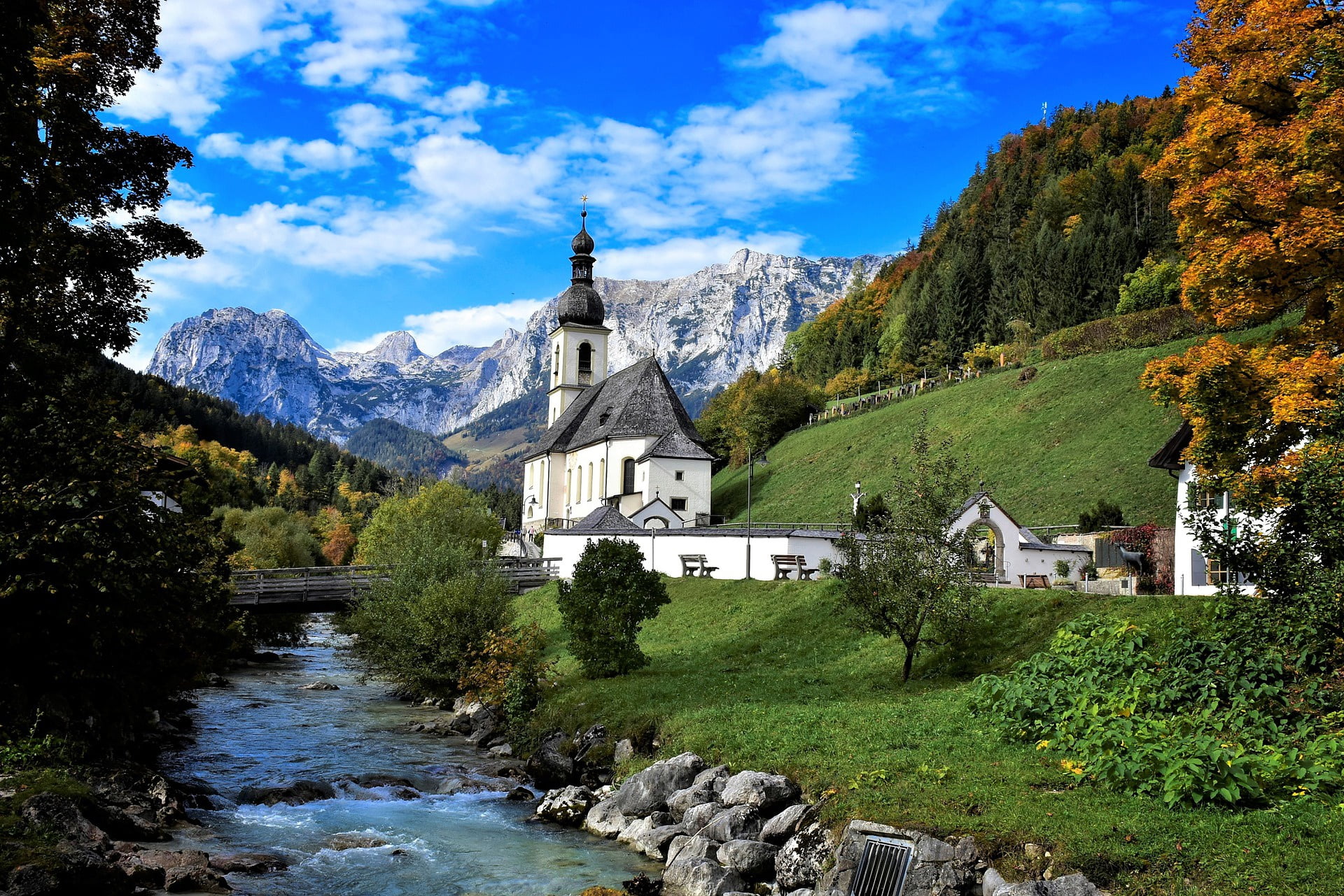 Church, 1080P, bridge, Ramsau, river, the sky, trees, mountains, autumn, HD Wallpaper