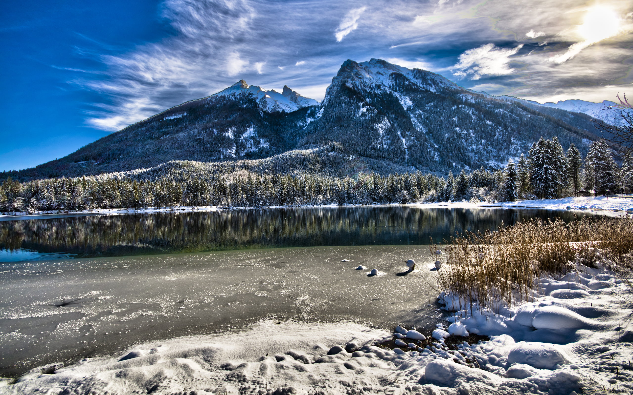 Reflection, Mountain, 2K, Bavaria, Germany, Forest, Water, Winter, Hintersee, Lakes, Lake, HD Wallpaper