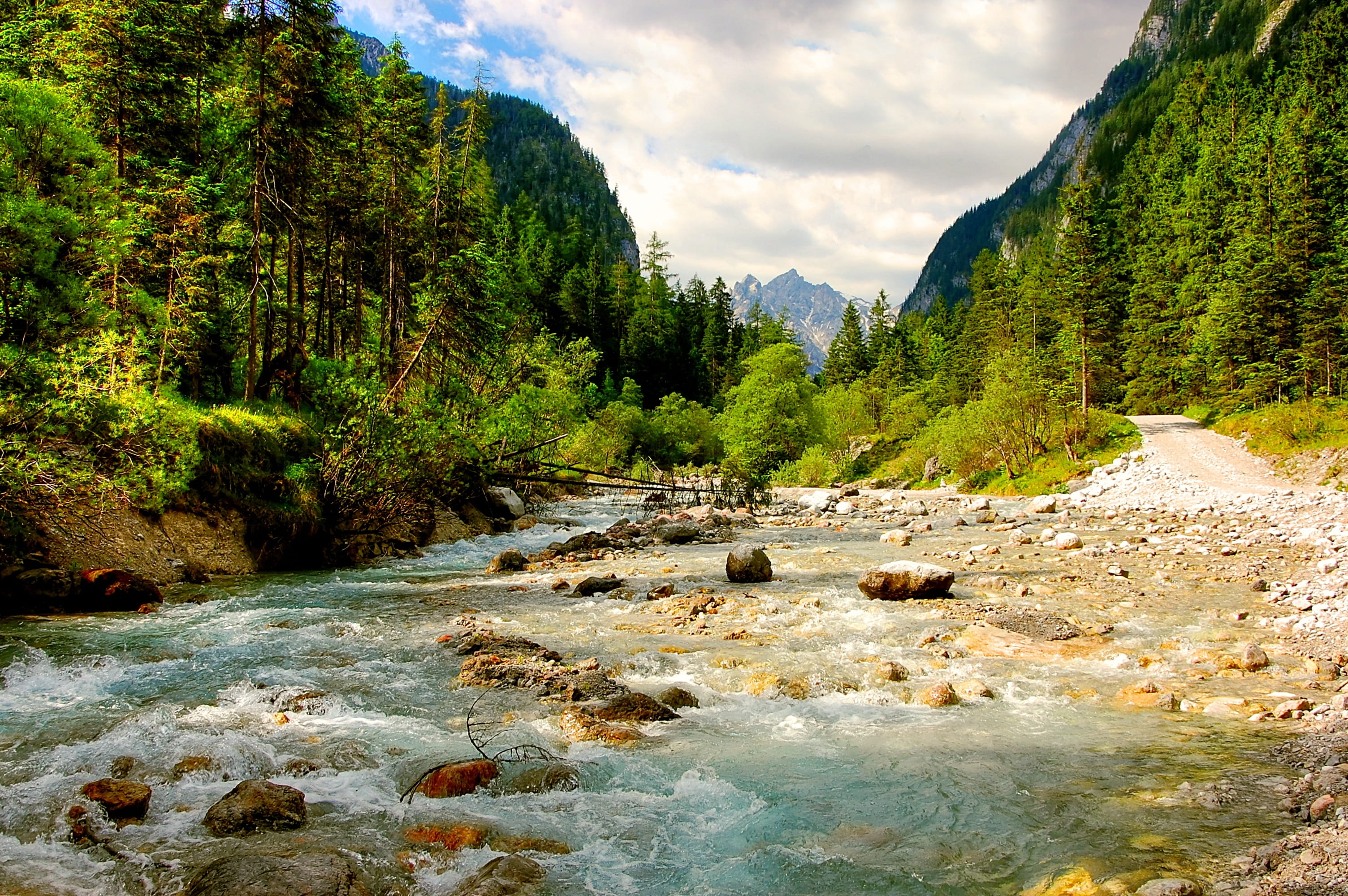 sky, stream - flowing water, nature, Berchtesgaden, trees, rock, leaves, tourist attraction, waters, alpine, flowing, places of interest, beauty in nature, HD Wallpaper