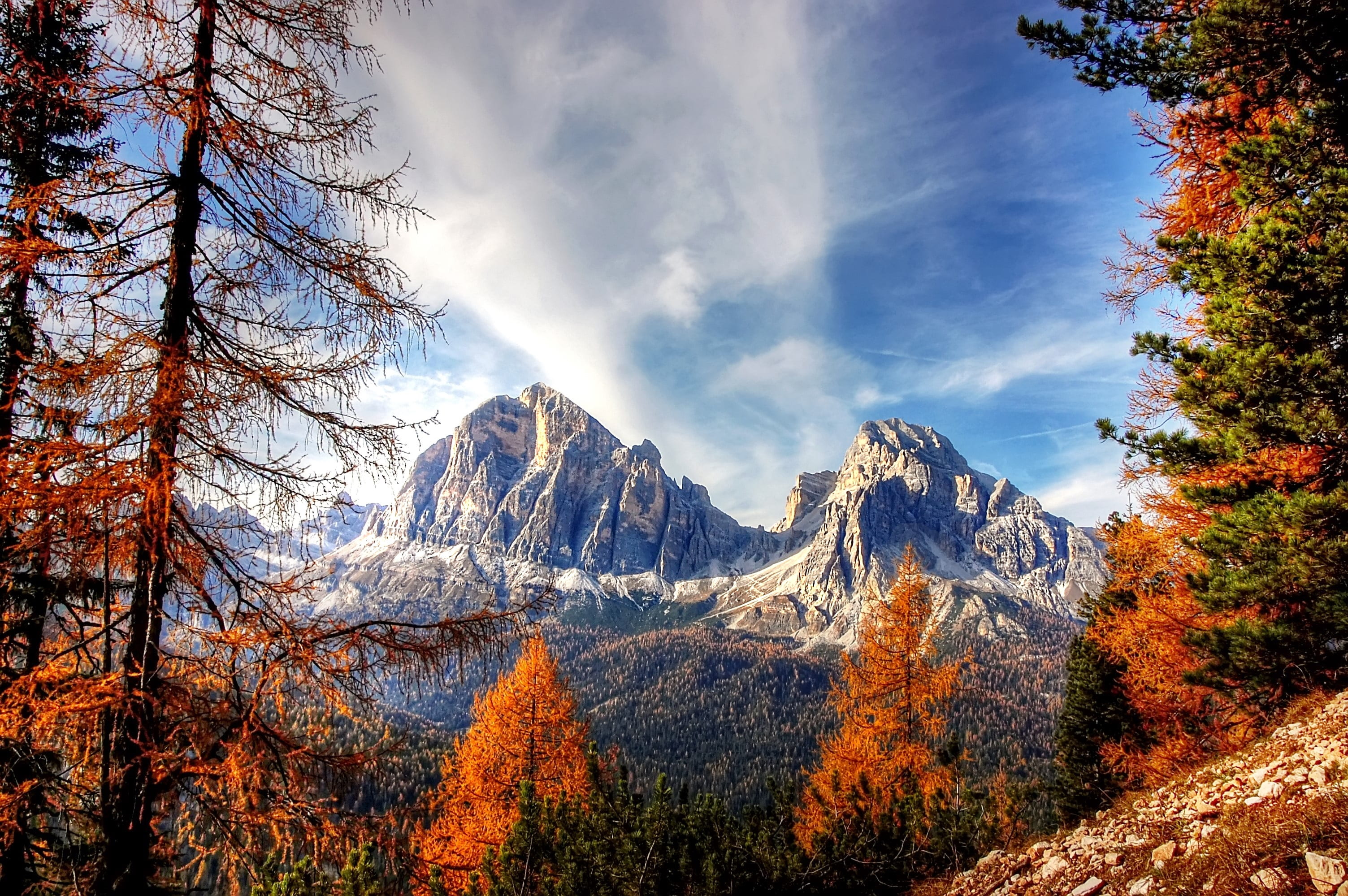 autumn, alpine panorama, mountain world, panorama, 2K, outdoors, scenics - nature, blue, mountain landscape, hiking, landscape, non-urban scene, tofana, HD Wallpaper