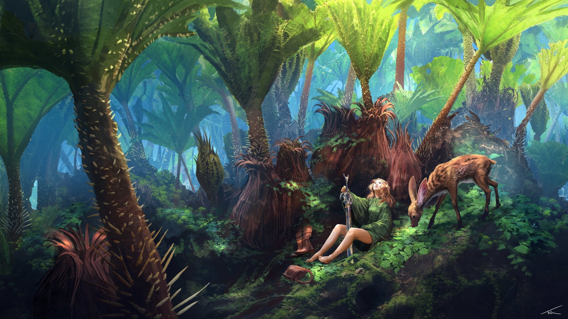 Green clothing, hd, 1920x1080 px, fantasy, Gunnera, Warrior, Keen, looking, px, fantasy art, space, green, x, swo, deer, Thomas Chamberlain, Looking Up, HD Wallpaper