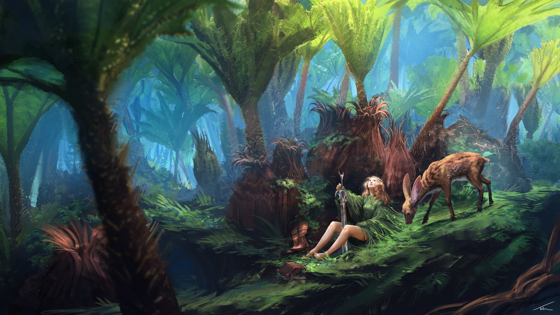 young adult, 1080P, jungle, Thomas Chamberlain - Keen, plant, growth, lifestyles, digital art, green color, fantasy art, day, near, real people, woman, HD Wallpaper