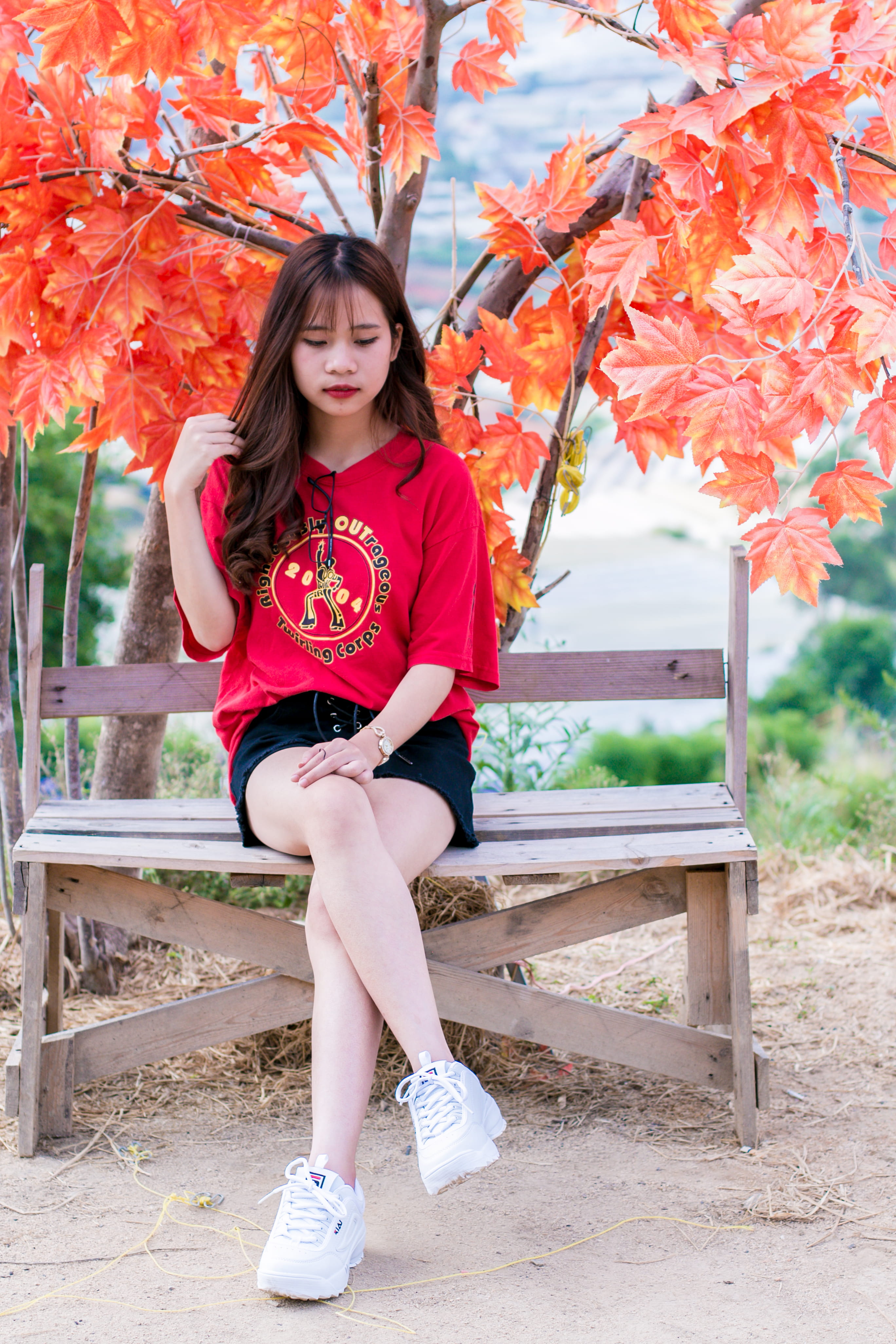 person, long hair, young women, hairstyle, young, outdoors, real people, casual clothing, girl, pose, legs crossed at knee, sadness, adult, park, plant, Phone HD Wallpaper