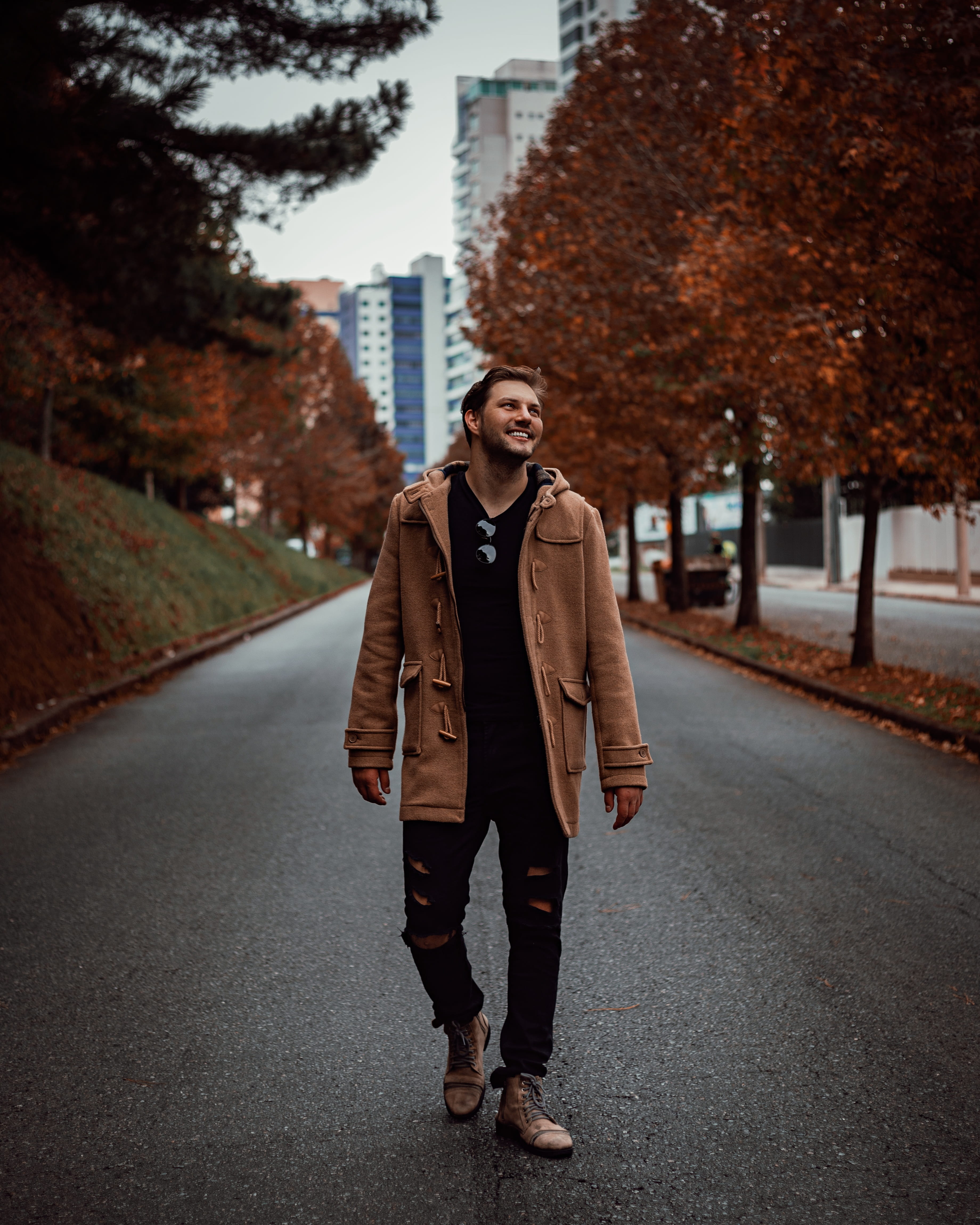 4K, male model, man, male, looking at camera, warm clothing, scarf, pants, pathway, person, outdoors, park, smiling, road, city, handsome, jacket, fashion, Phone HD Wallpaper