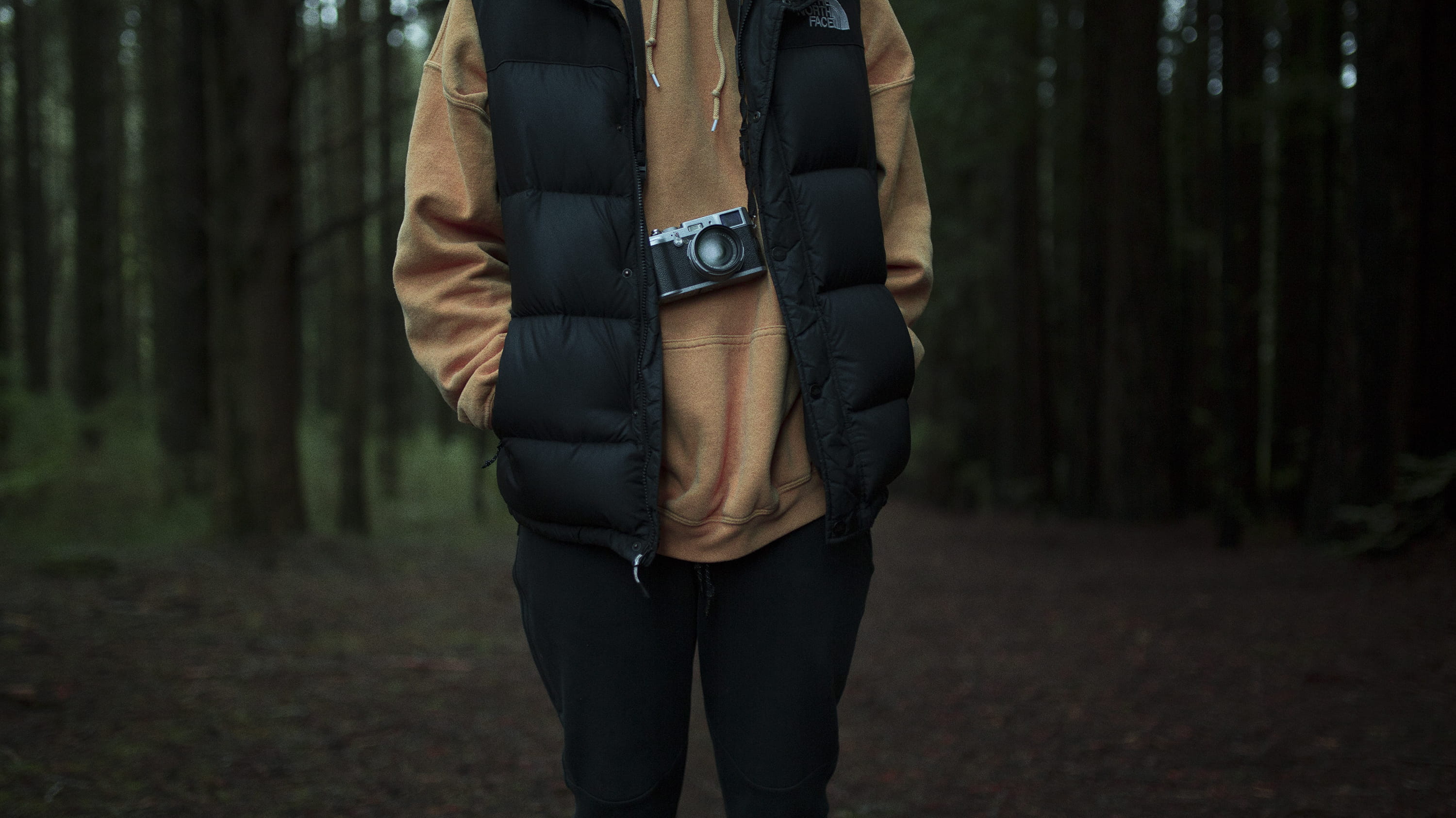 adult, day, focus on foreground, midsection, men, 2K, standing, tree trunk, surrounded, walking, caucasian Ethnicity, black and brown, clothing, wearing, HD Wallpaper
