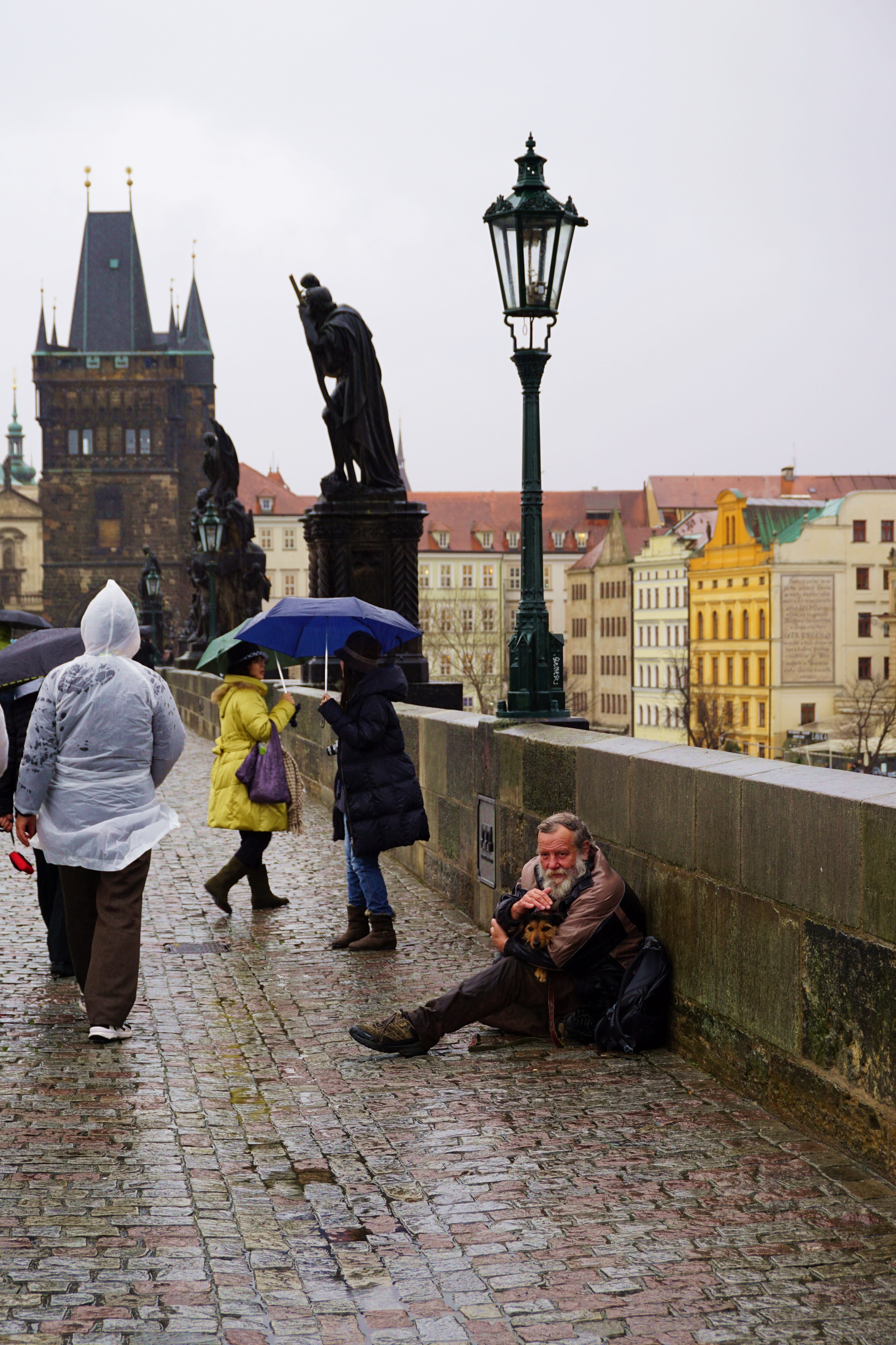 adult, built structure, togetherness, sky, sitting, dog, day, solidarity, building exterior, 5K, real people, Prague, stone, help, women, gray, leisure activity, Phone HD Wallpaper