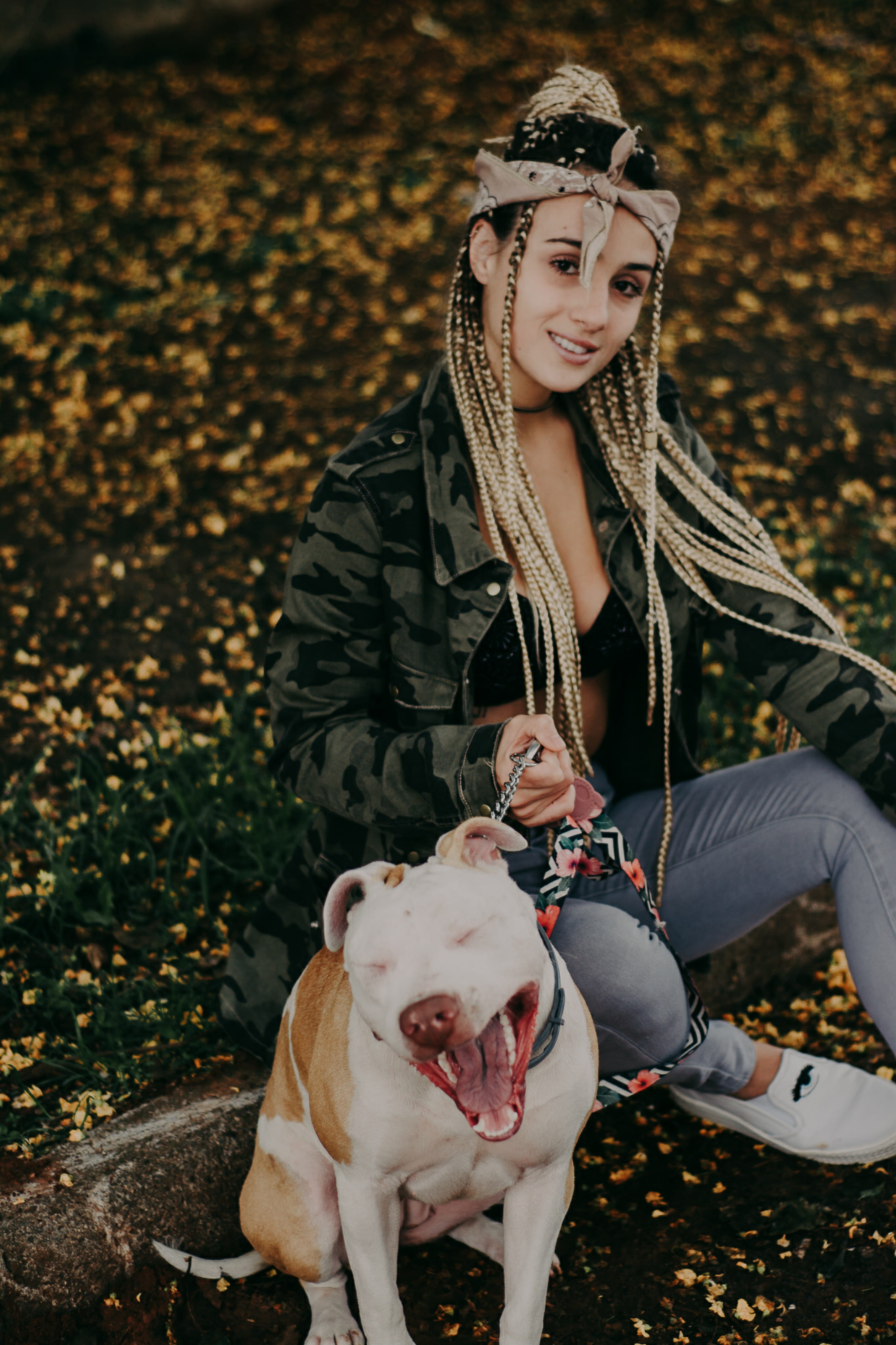 female, pet, sitting, canine, short, gray, leisure activity, portrait, pit, young women, young adult, lead, pets, bull, real people, outdoors, woman, camo, Phone HD Wallpaper