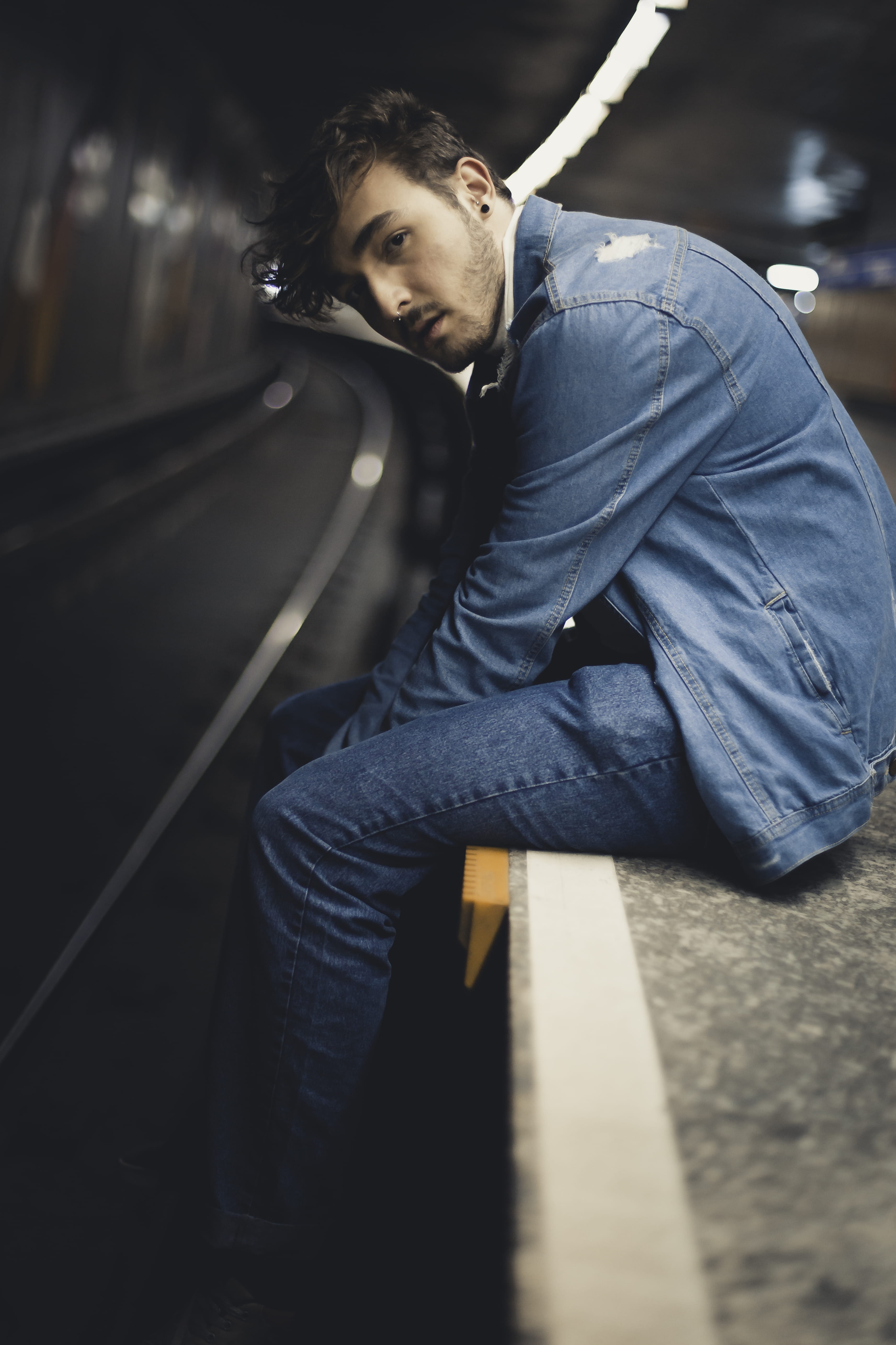 gray, 5K, man, three quarter length, wearing, denim jacket, good-looking, fashion, focus on foreground, blue, denim, one person, surface, pose, trendy, Phone HD Wallpaper